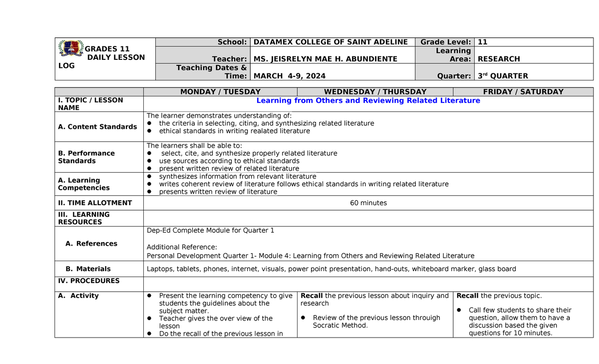 PR1-WEEK3DLL - GRADES 11 DAILY LESSON LOG School: DATAMEX COLLEGE OF ...