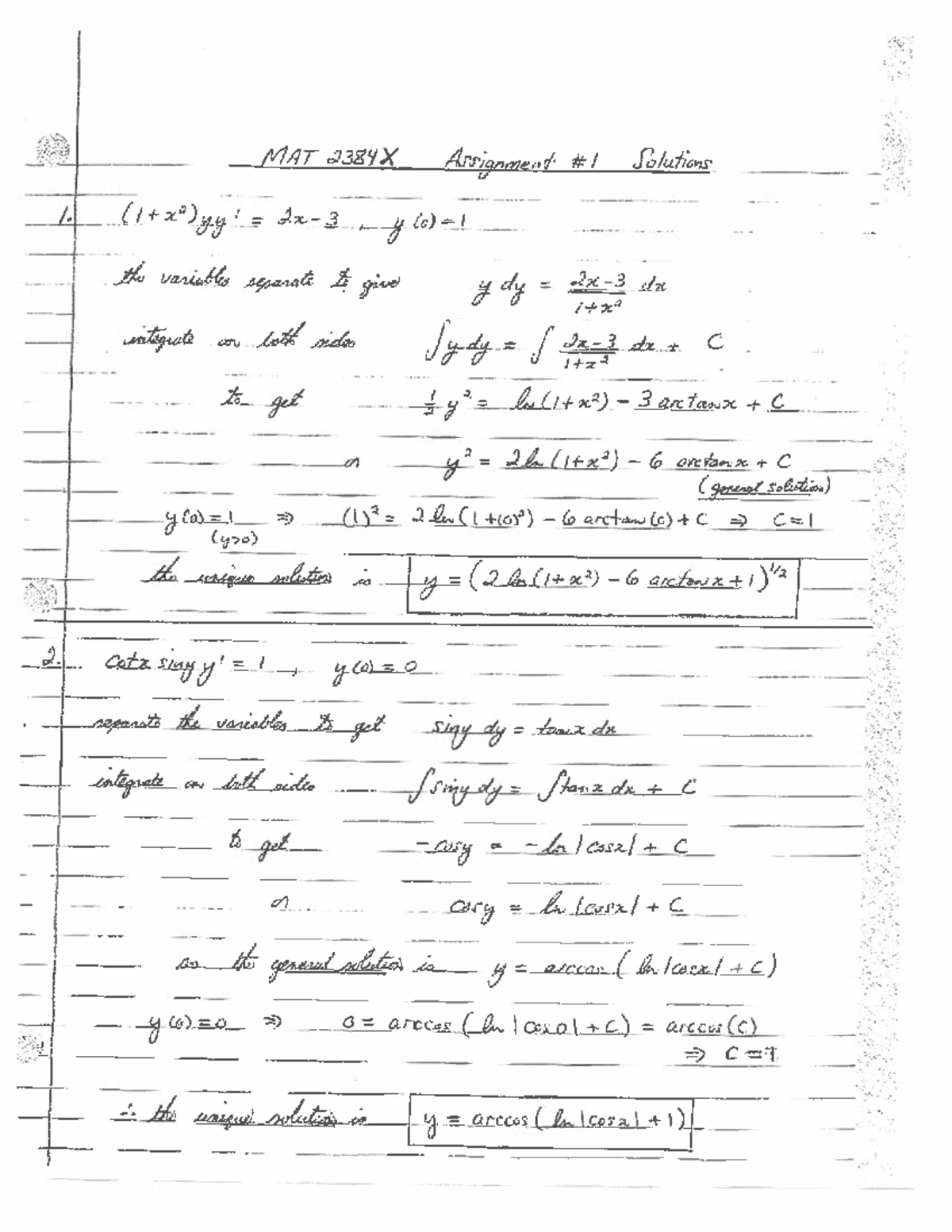 2384x19a1sol - A1 solution - MAT 2384X Assignment Solutions 1. yy : the ...