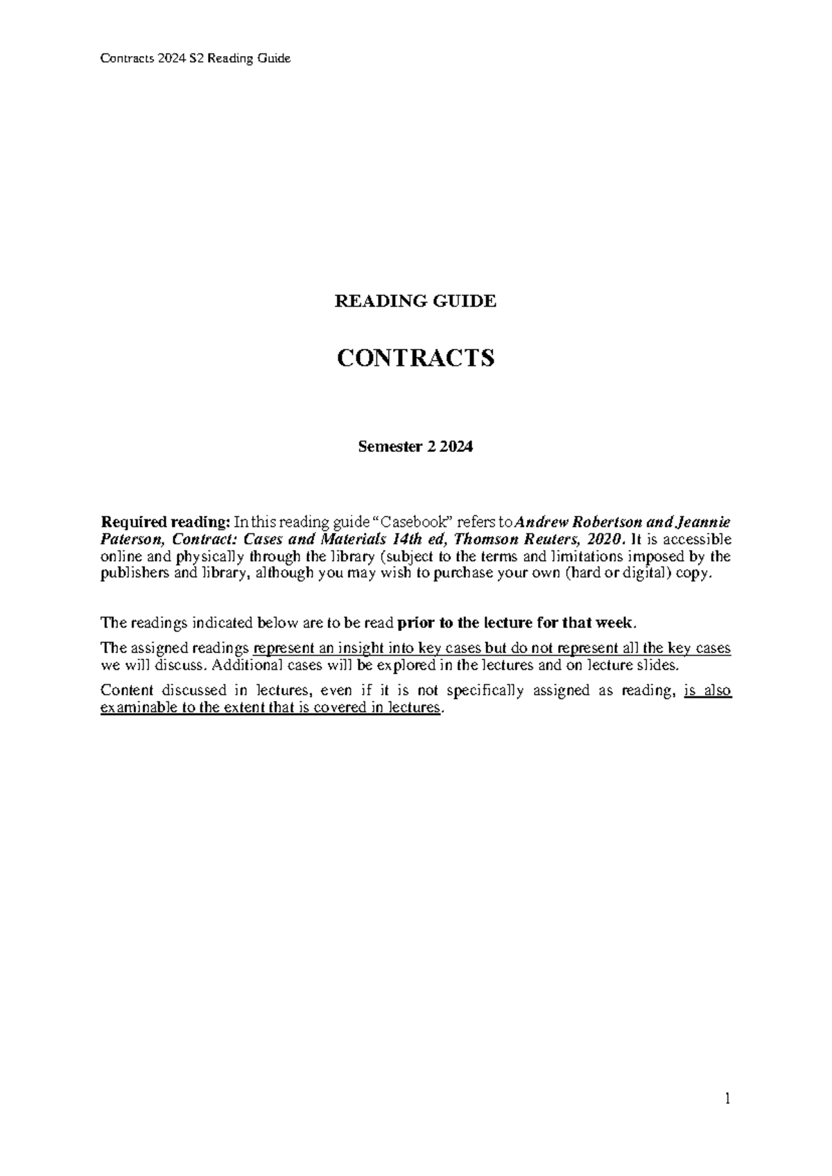 Contracts Reading Guide 2024 S2 - READING GUIDE CONTRACTS Semester 2 ...