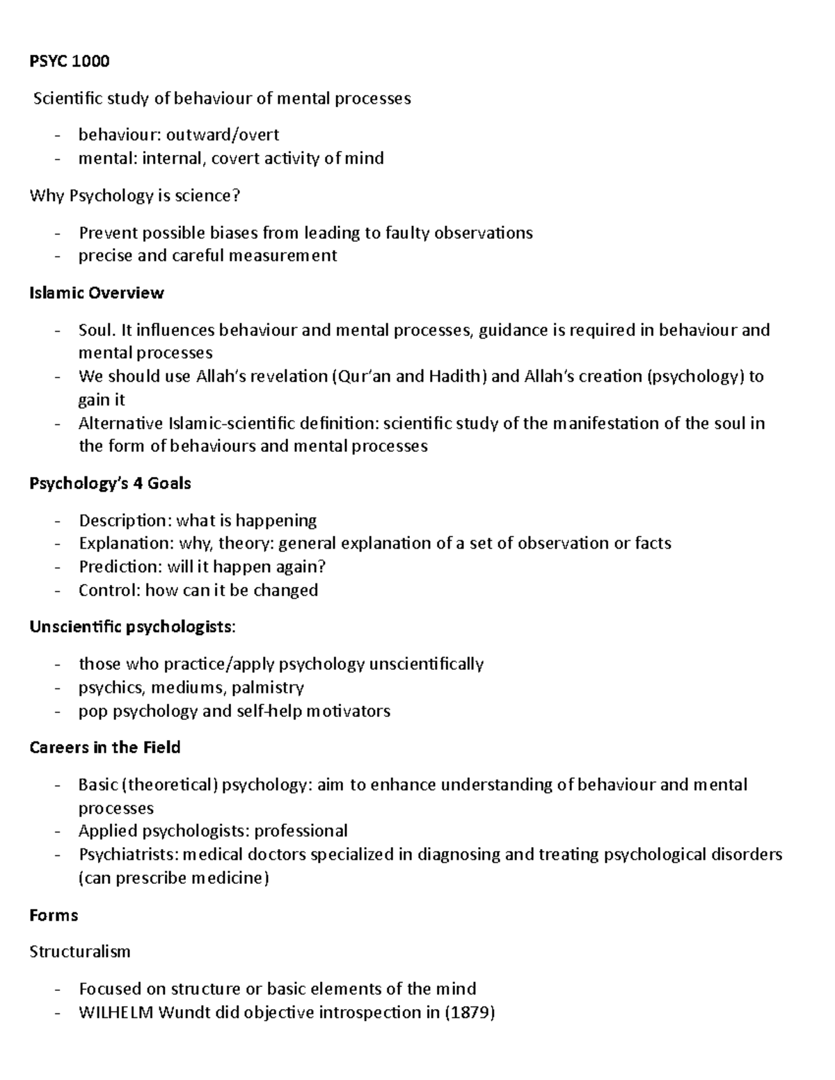 PSYC 1000 Notes 1 - PSYC 1000 Scieniic Study Of Behaviour Of Mental ...