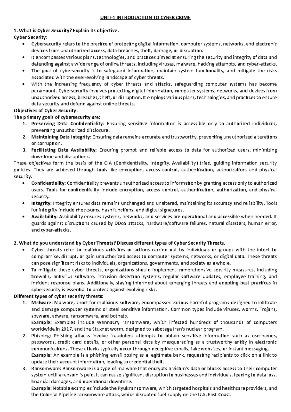 UNIT- 1 Short Notes - UNIT- 1 INTRODUCTION TO CYBER CRIME What is Cyber