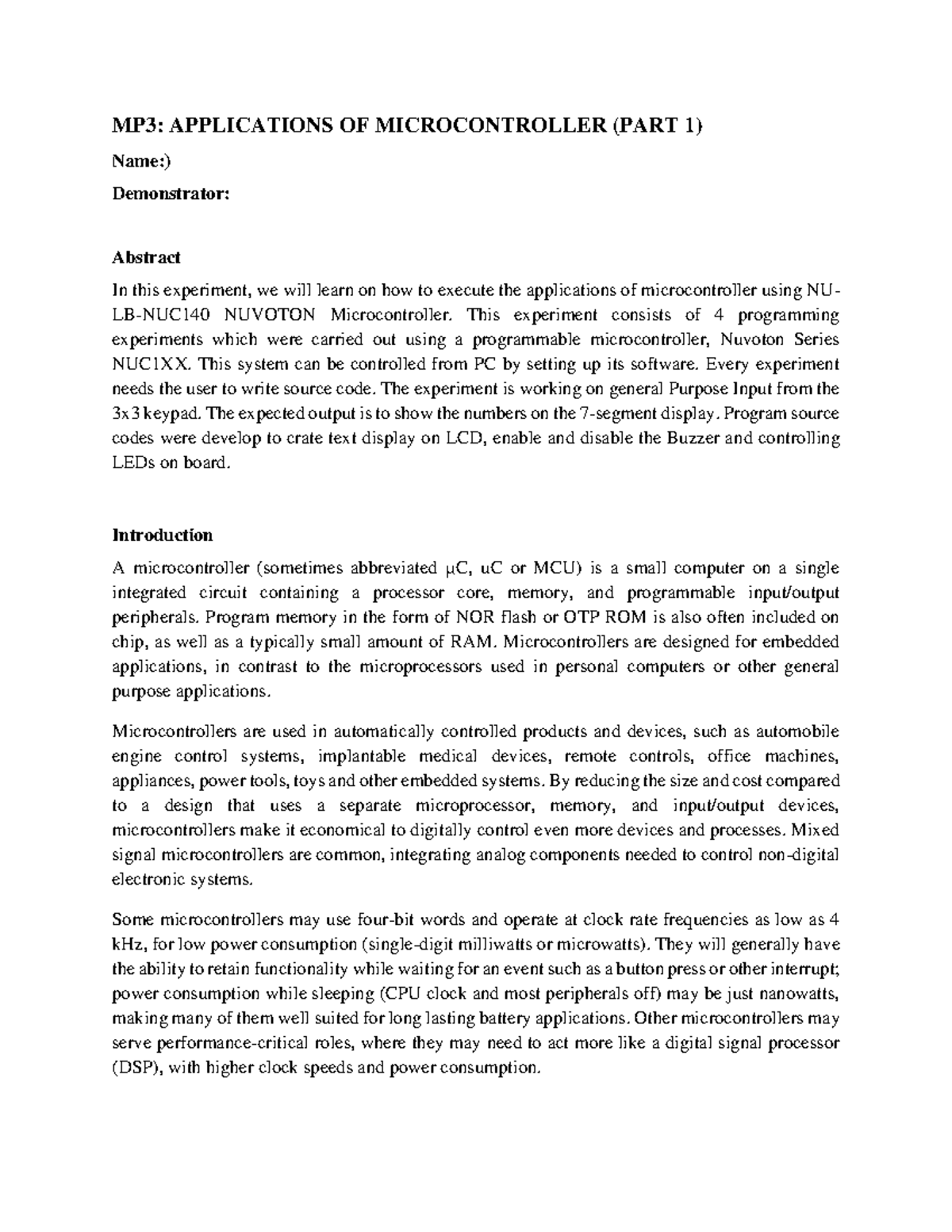 Microprocessor Application Part II A+ Report MP3 APPLICATIONS OF MICROCONTROLLER (PART 1