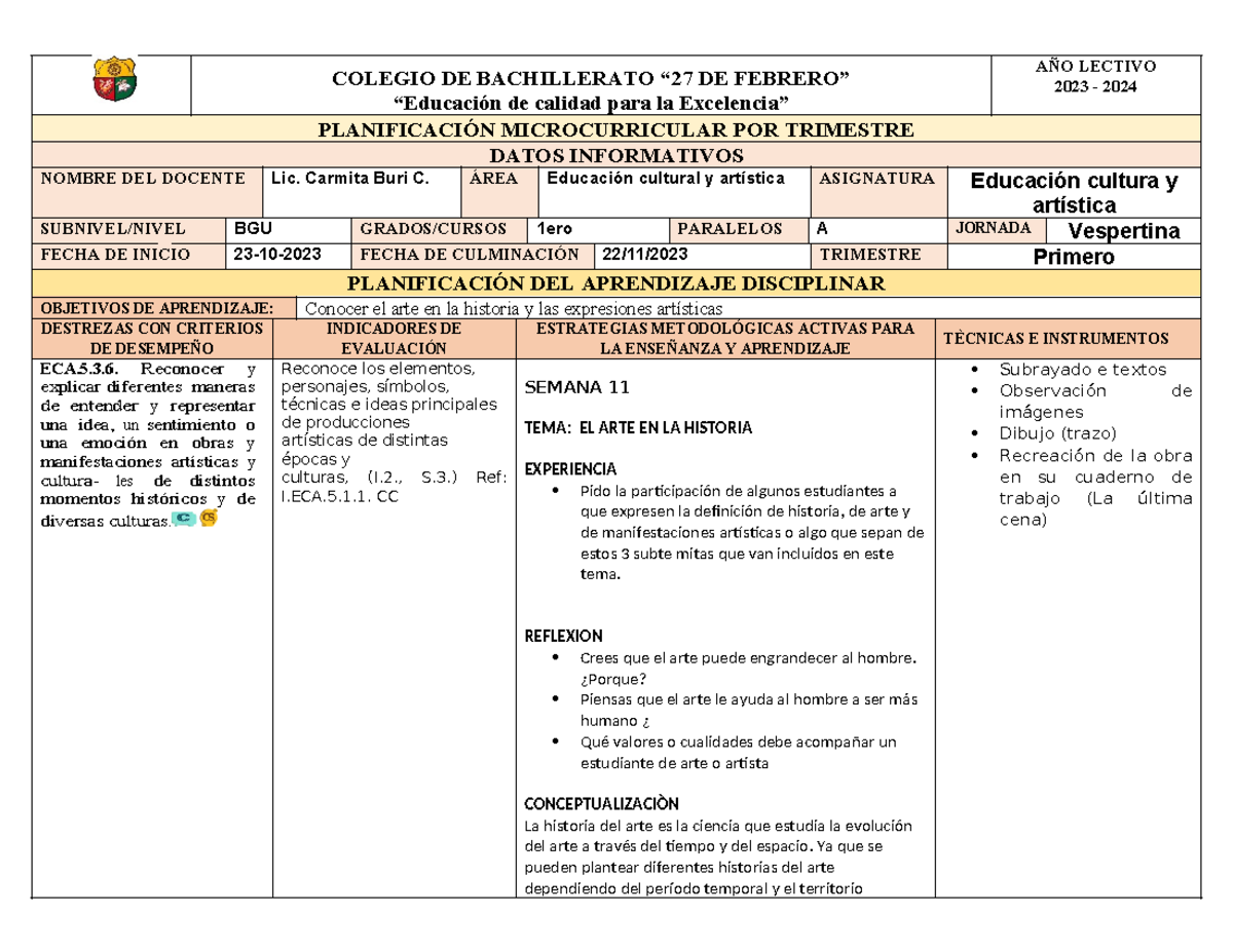1ero disciplinaria e interdiscplinario artistica - COLEGIO DE