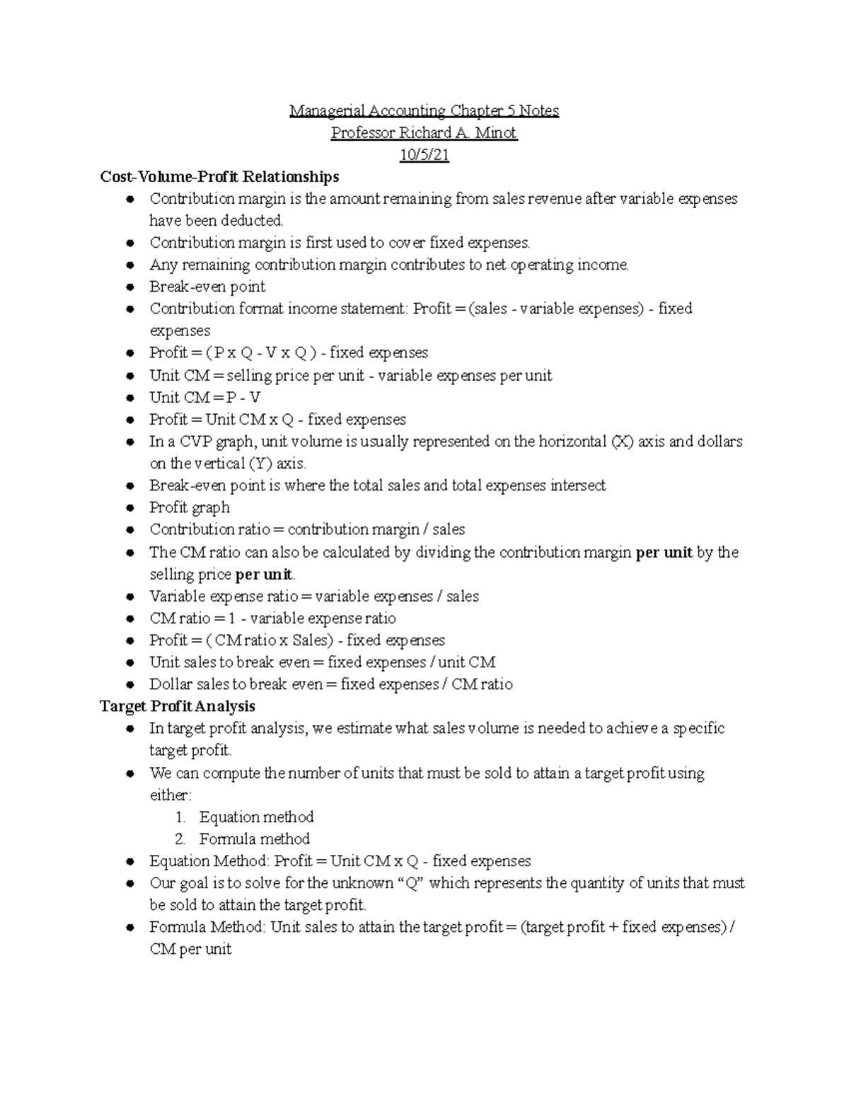 Managerial Accounting Chapter 5 Notes - ACCT 2120 - LMU - Studocu
