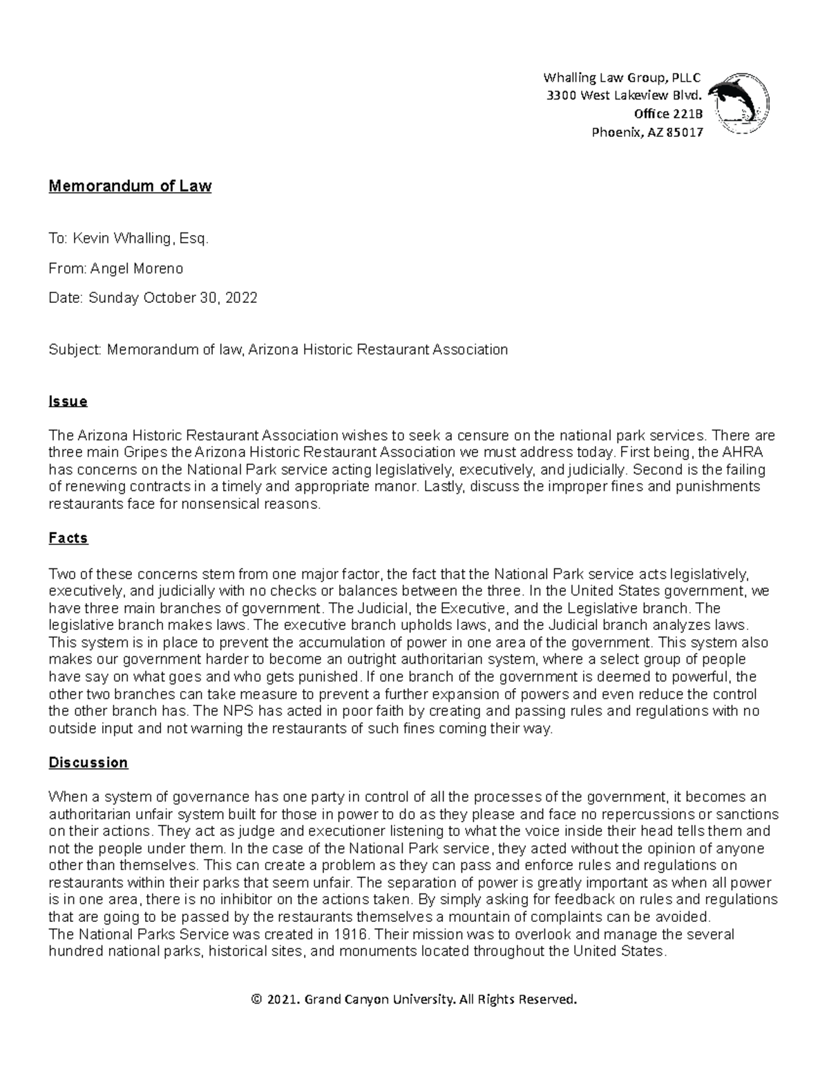 GOV140 T4 Memorandum of Law Whalling Law Group, PLLC 3300 West