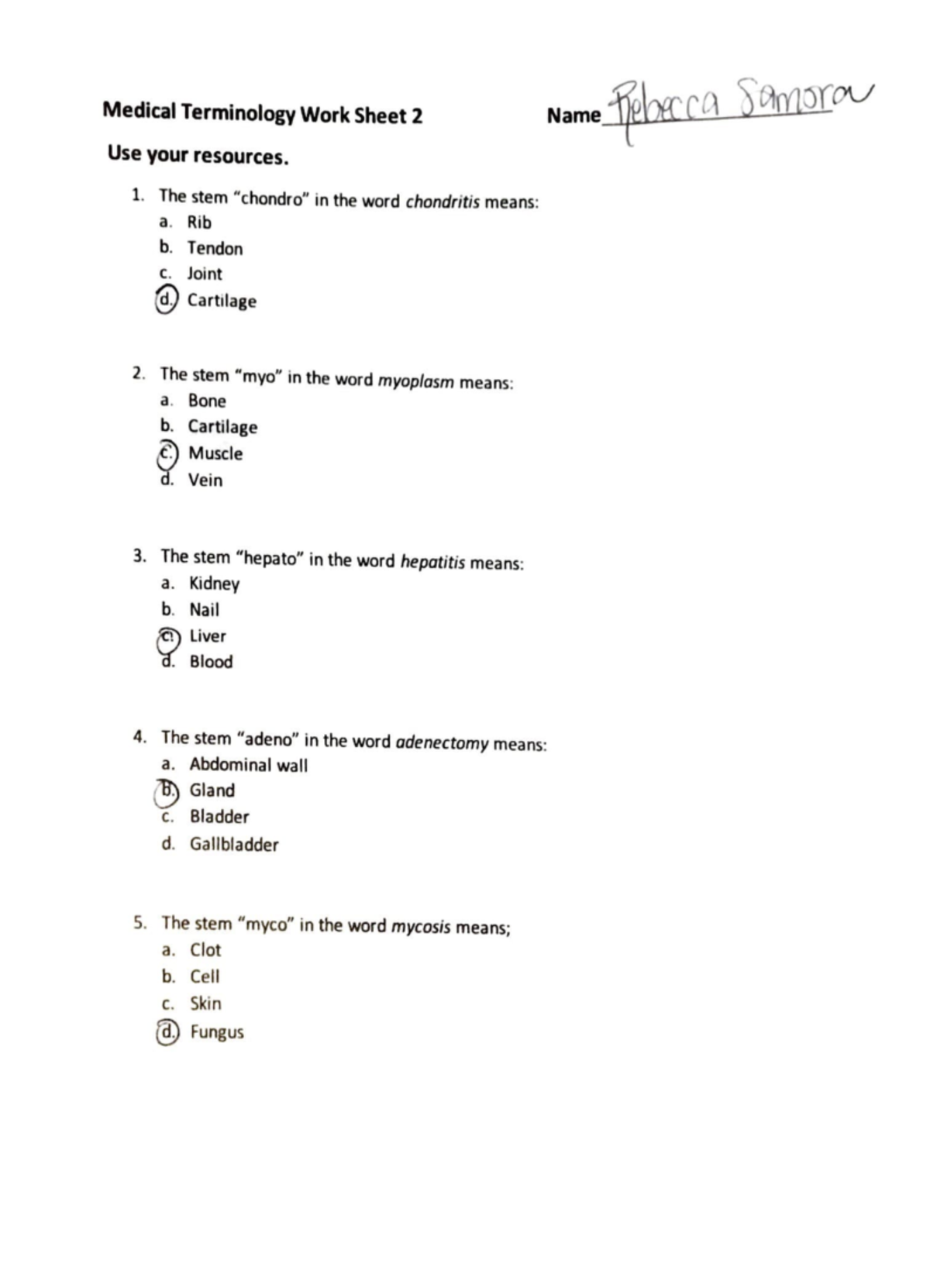 Medical Terms 2 Medical Terminology Work Sheet 2 Use your resources