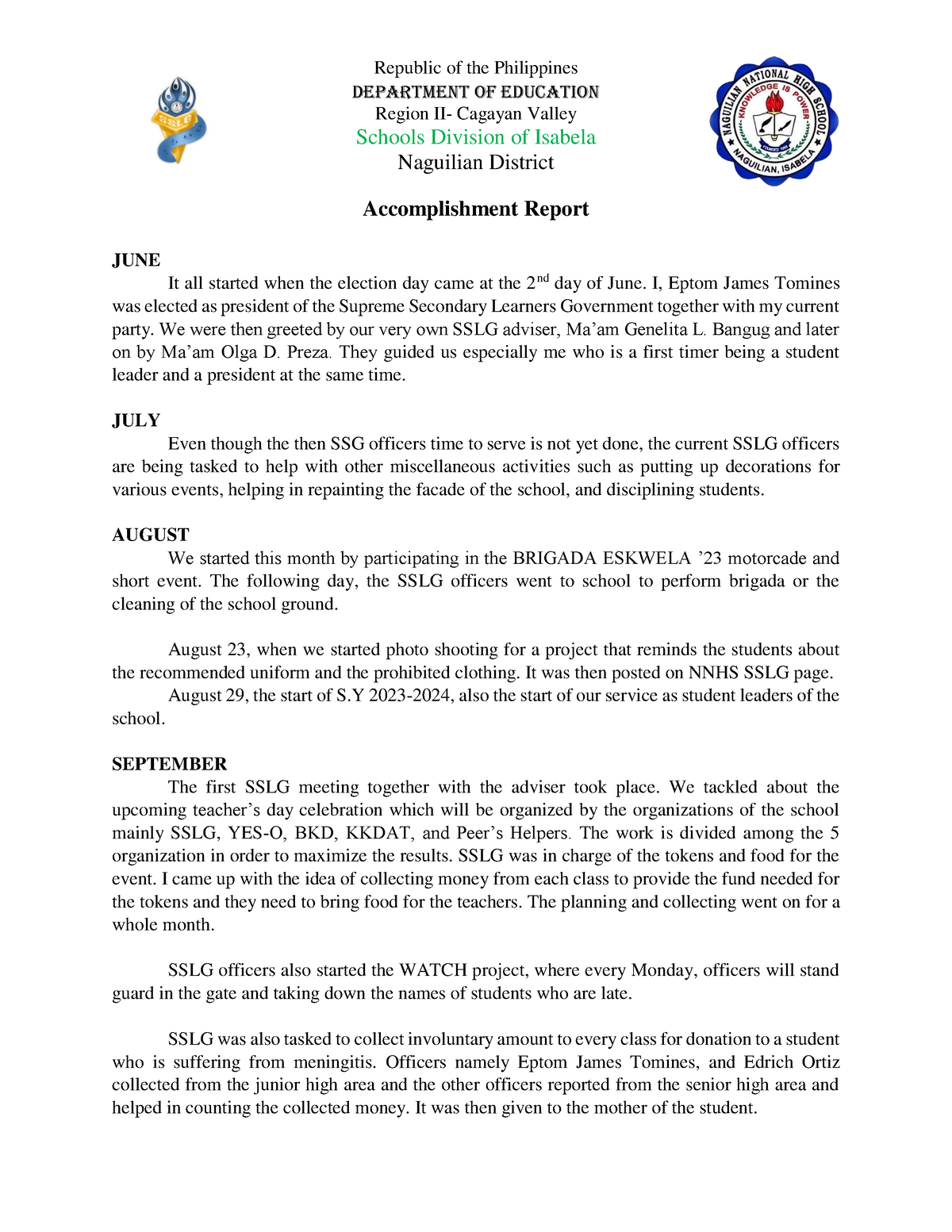 Accomplishment Report Republic Of The Philippines Department Of Education Region Ii Cagayan 