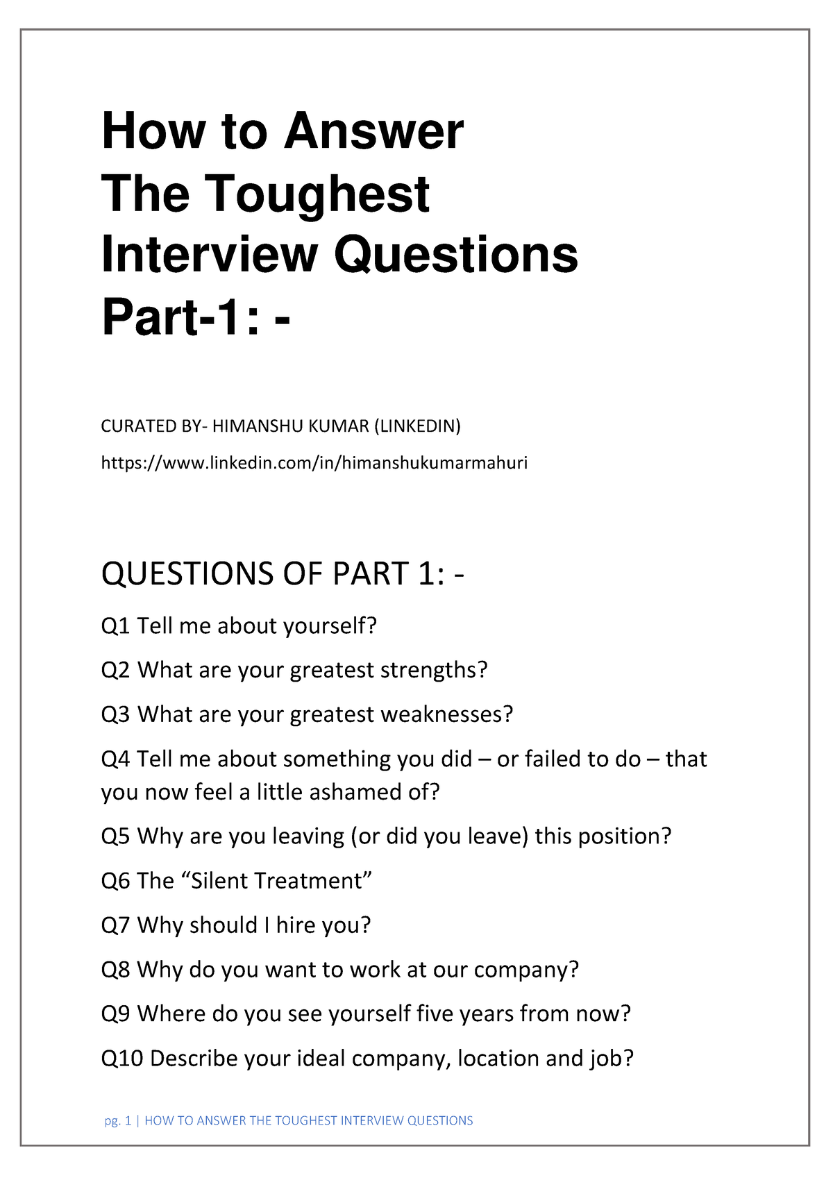 Interview Questions - How To Answer The Toughest Interview Questions ...