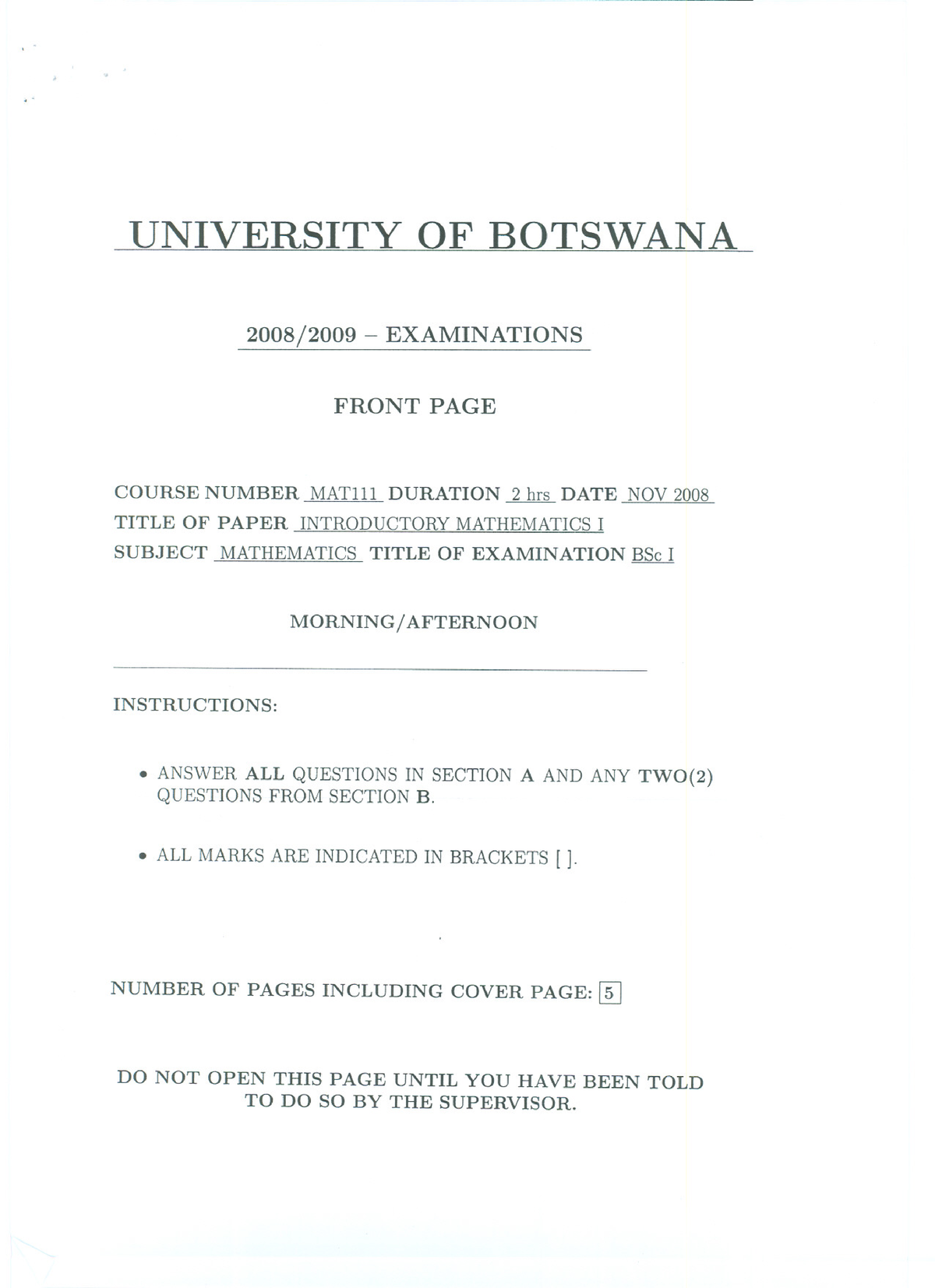 08s1mat111 - Introductory Mathematics - , - UNIVERSITY OF BOTSWANA 2008 ...