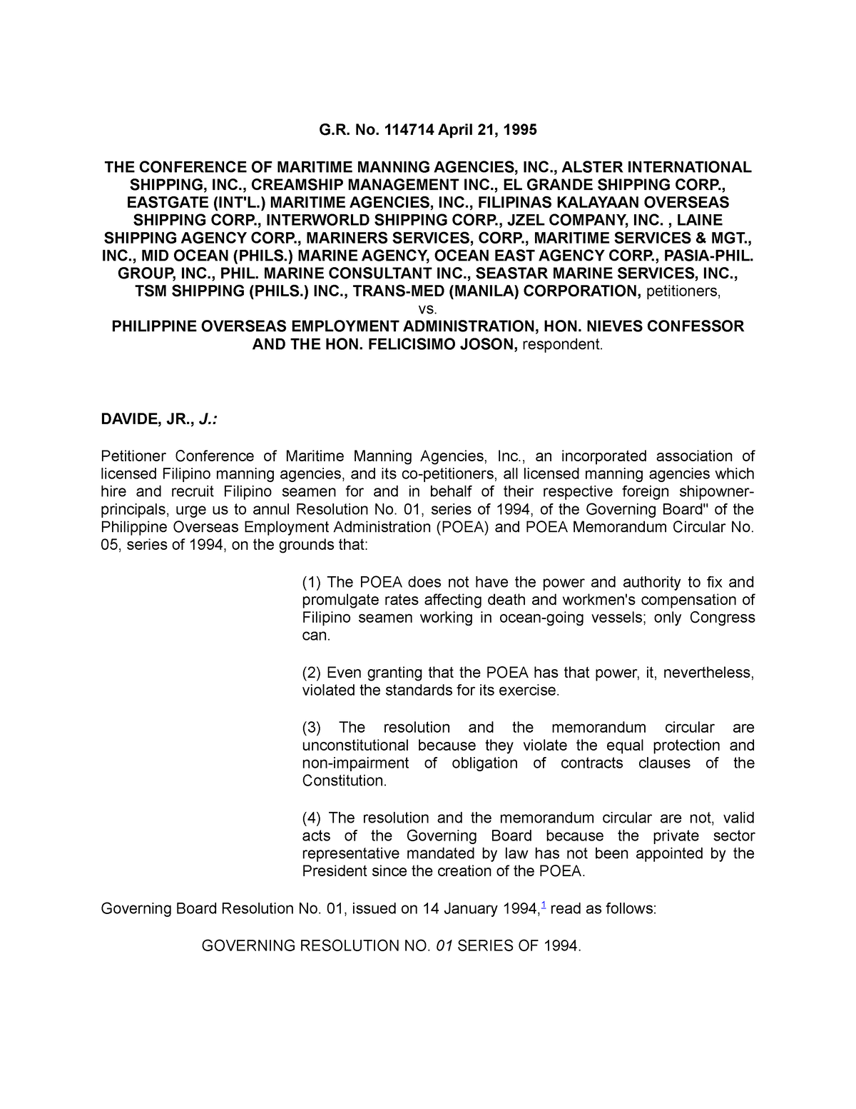 Admin LAW Maritime Manning VS. POEA - G. No. 114714 April 21, 1995 THE ...