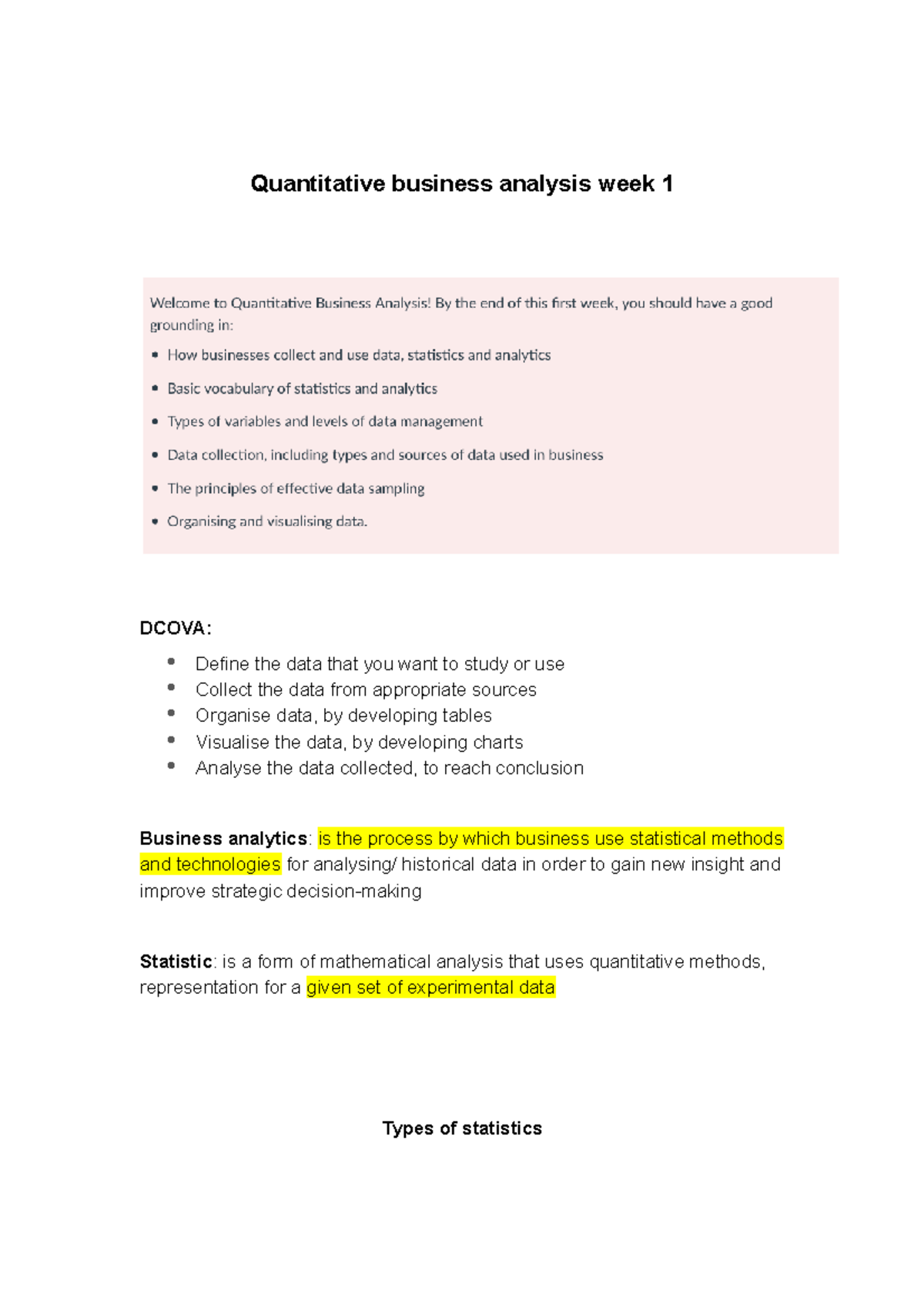 1020 week 1 - Lecture notes for week one - Quantitative business ...