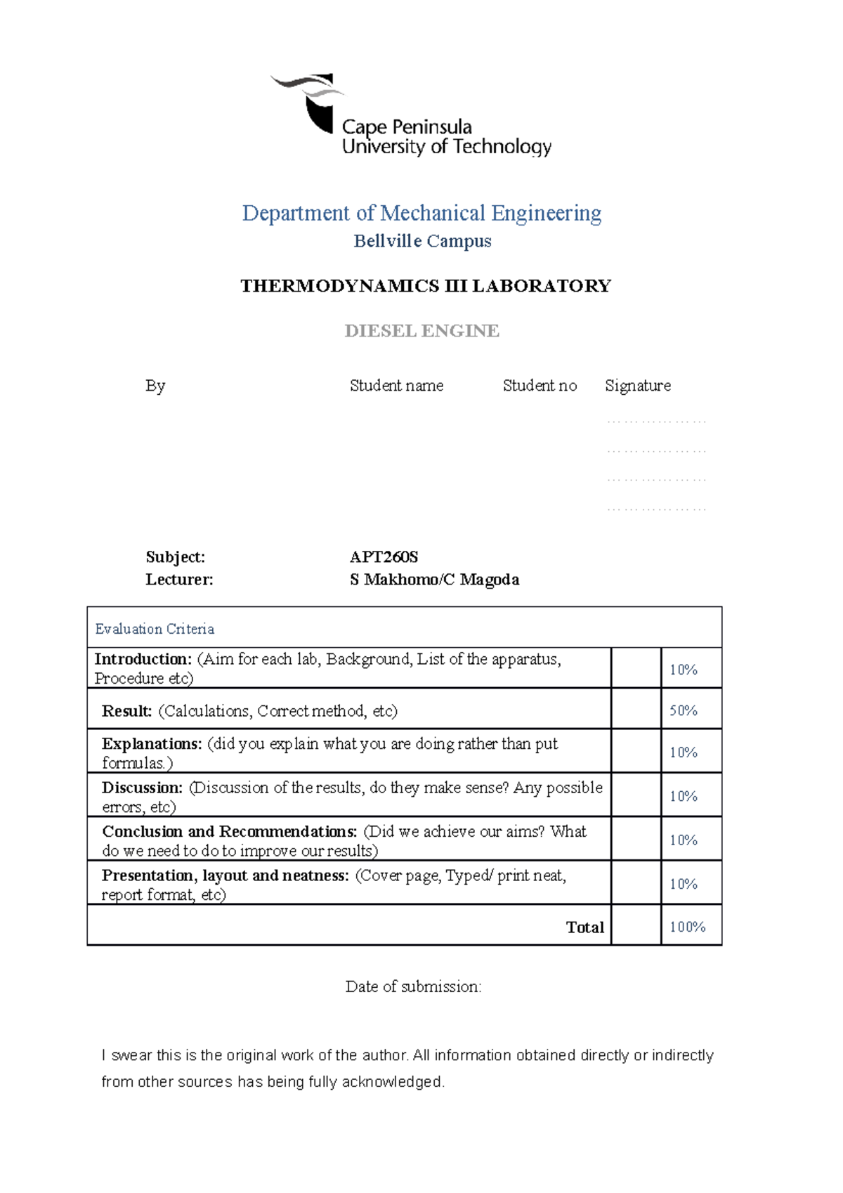 Diesel Engine Lab Department of Mechanical Engineering Bellville