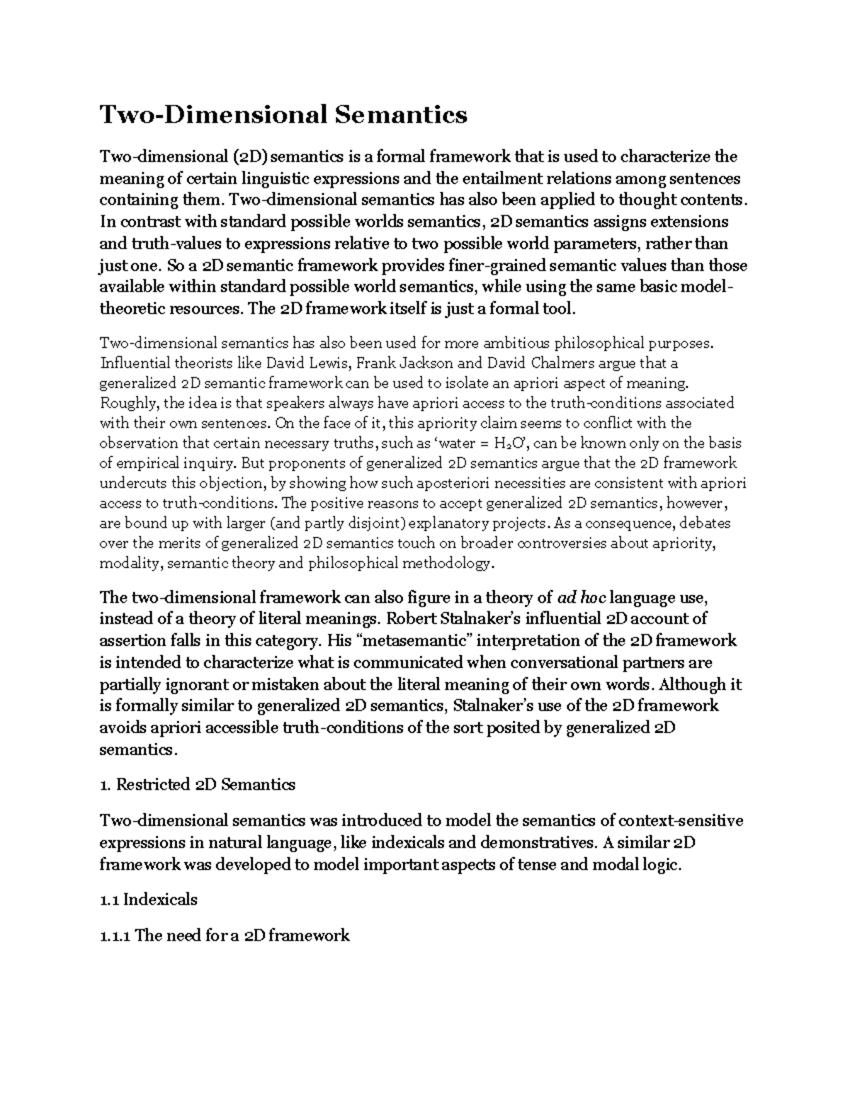 Lecture in two dimensional semantics two dimensional semantics two