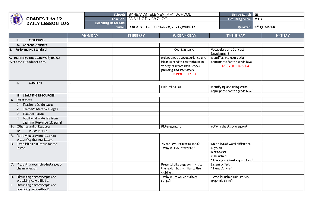 DLL MTB 3 Q3 W1 - pratice materials - GRADES 1 to 12 DAILY LESSON LOG ...