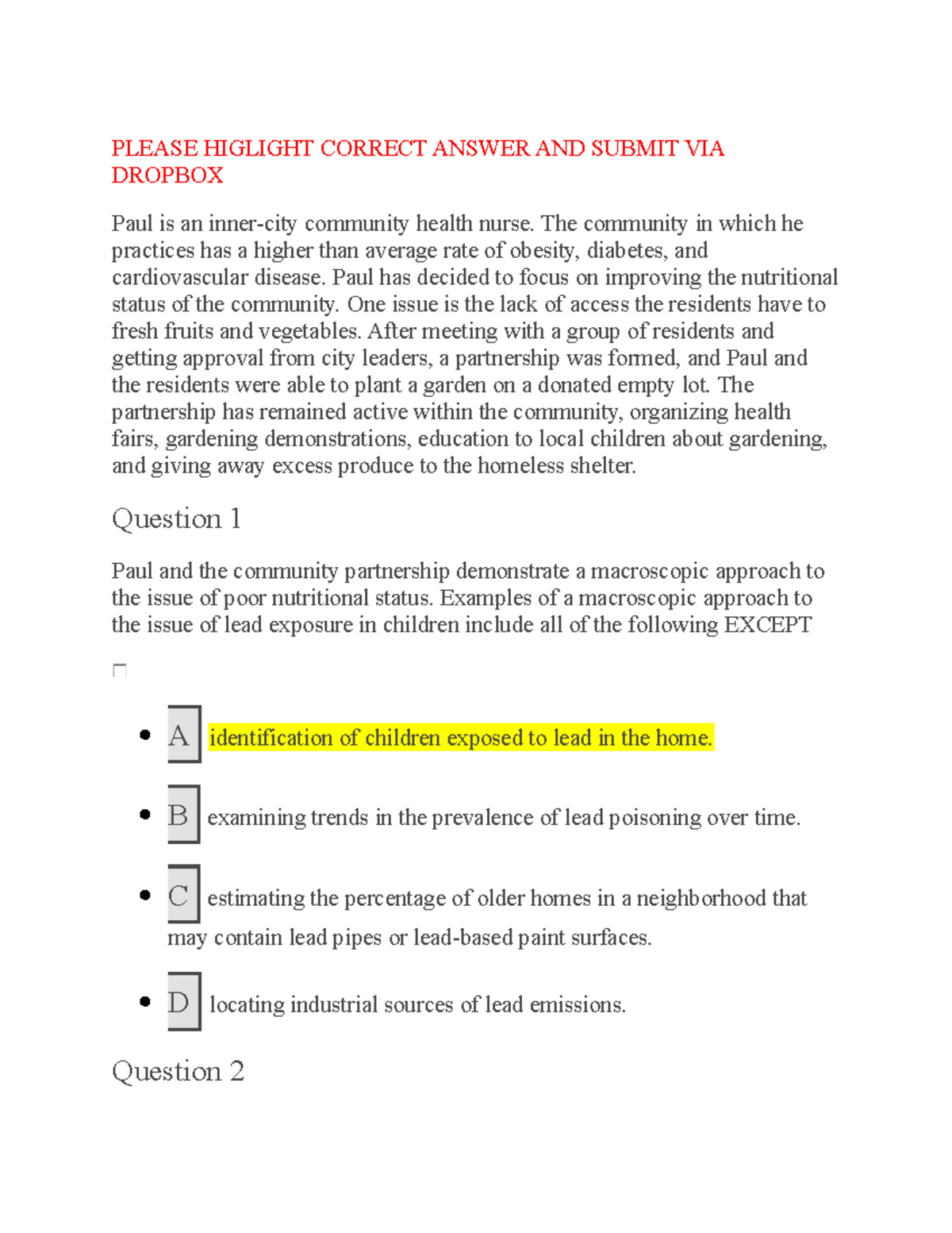 Anderson - Case study 3 - PLEASE HIGLIGHT CORRECT ANSWER AND SUBMIT VIA ...