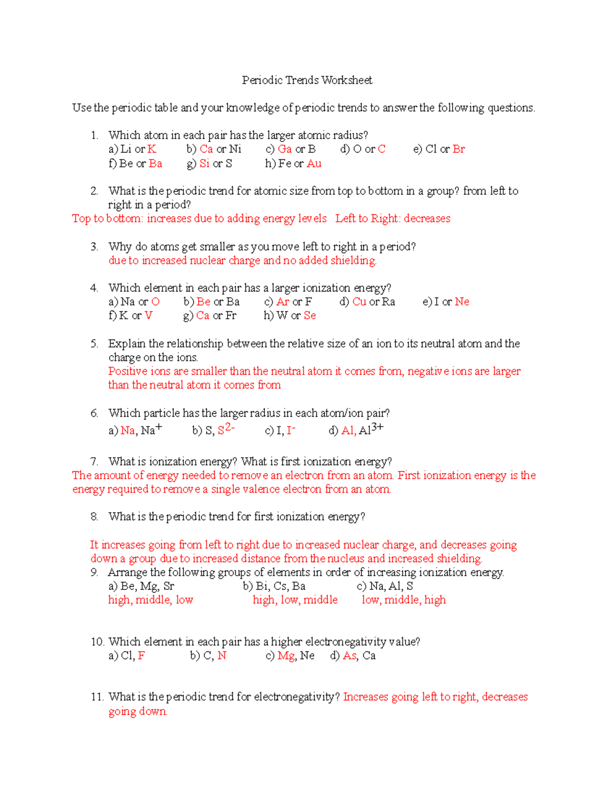 Periodic Trends Worksheet 1 answers - Periodic Trends Worksheet Use the  periodic table and your - Studocu