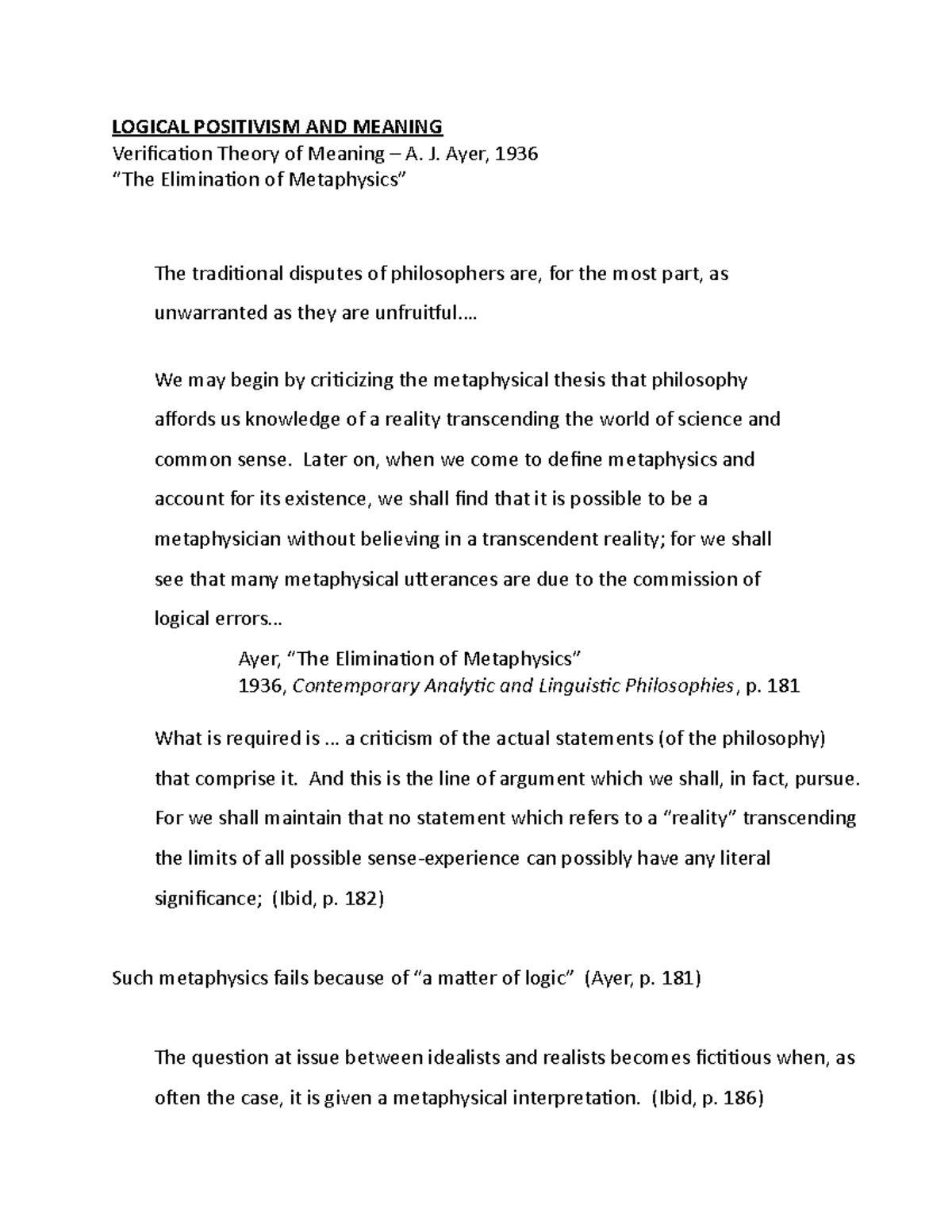 Verification Theory Mean Ayer Eliminate Metaphysics LOGICAL