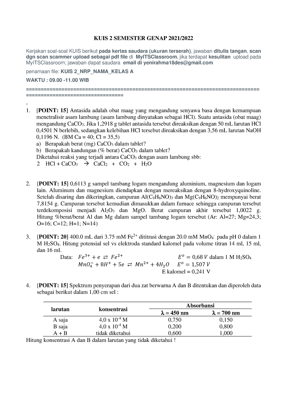 SOAL KUIS KIMIA ANALISA - KUIS 2 SEMESTER GENAP 2021/ Kerjakan Soal ...