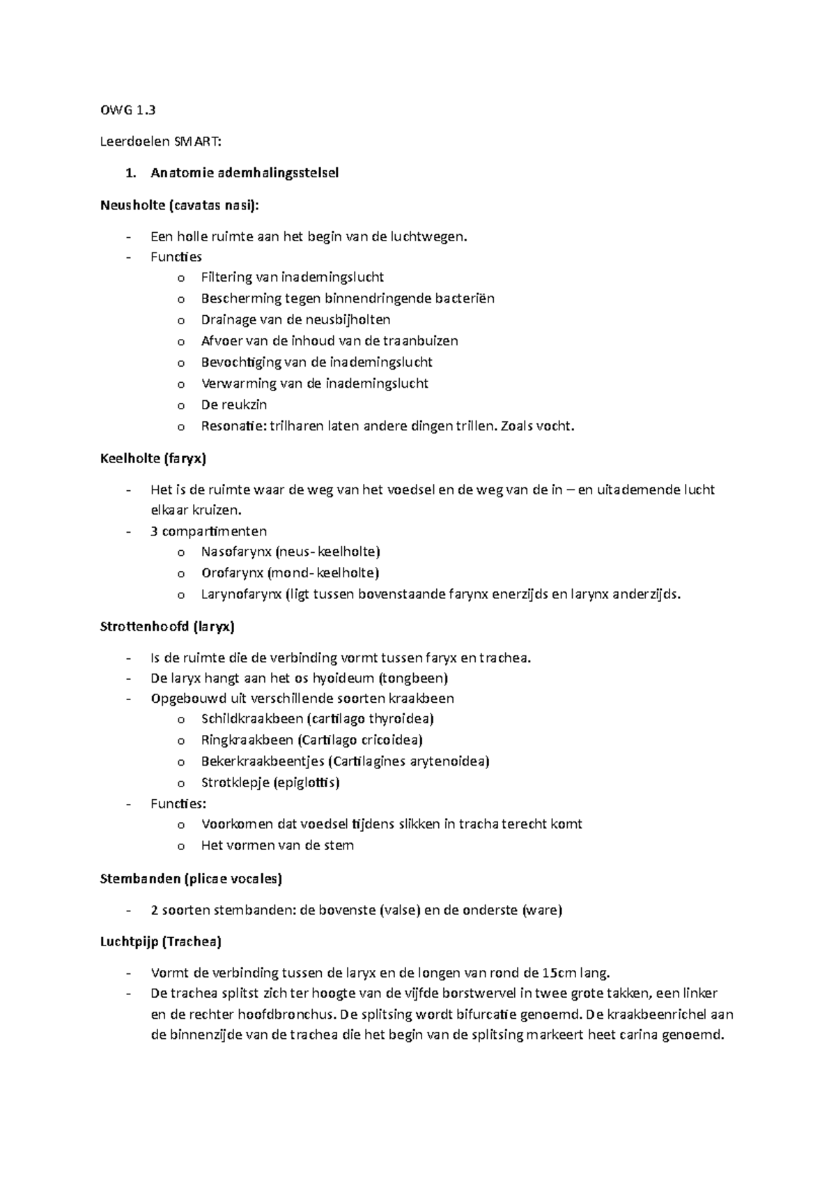 OWG 1 Uitwerking Van De Werkgroep OWG 1 Leerdoelen SMART Anatomie