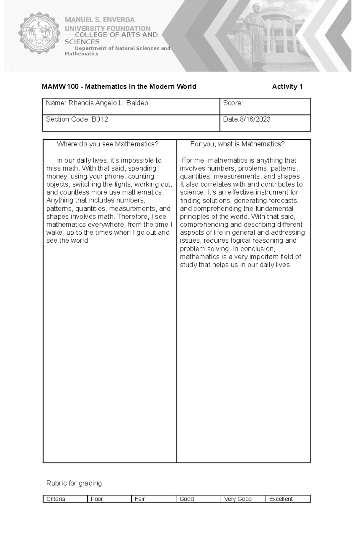 MAWM100 Prelim Activity 1 - MAMW 100 - Mathematics in the Modern World ...