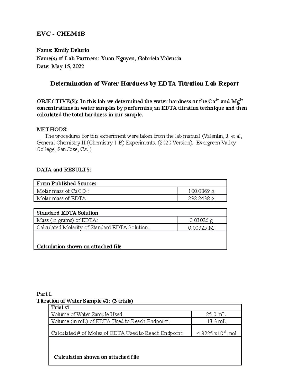 CHEM1B Determination of Water Hardness by EDTA Titration Lab Report