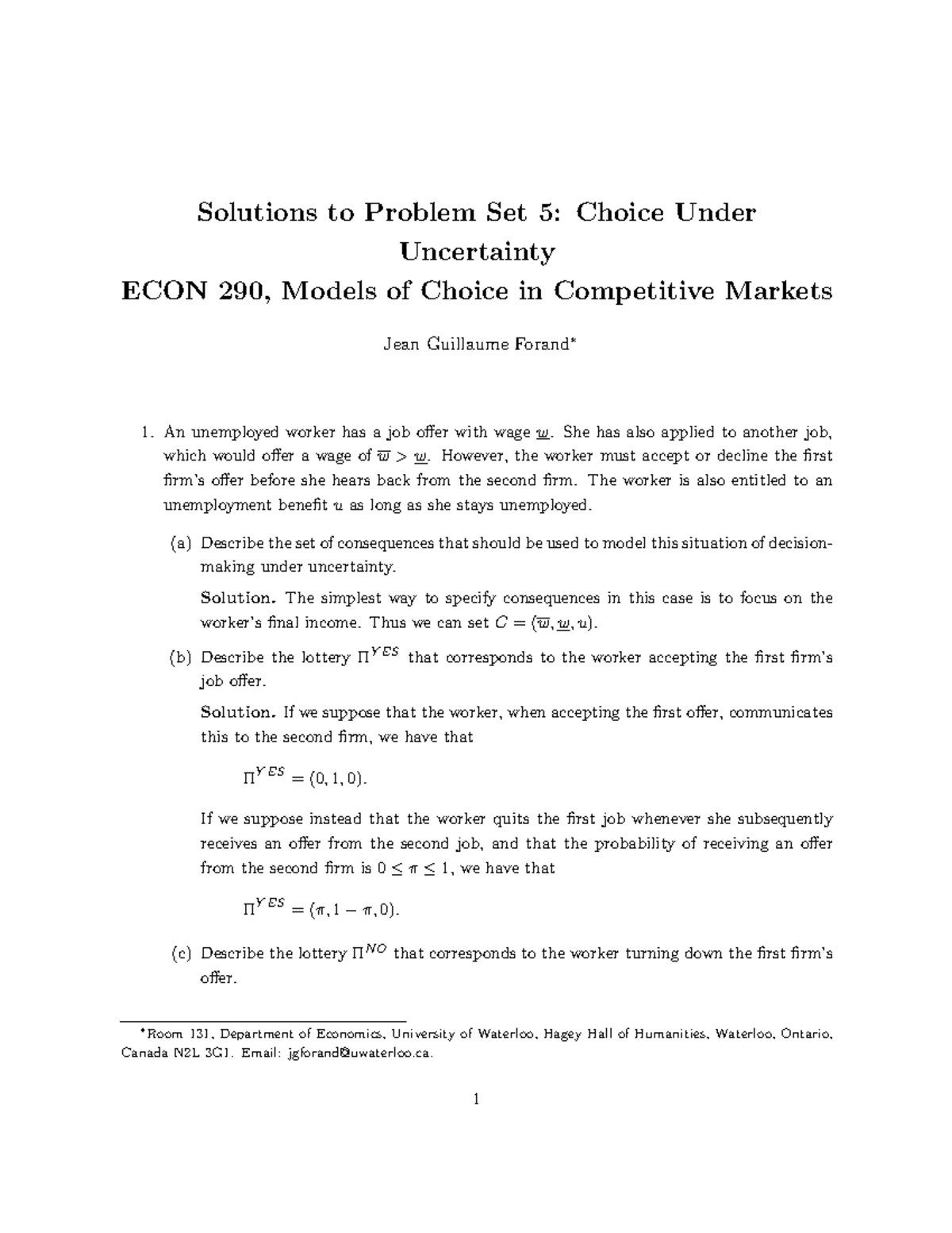 Sol-PS5-290 - Answer - Solutions to Problem Set 5: Choice Under ...