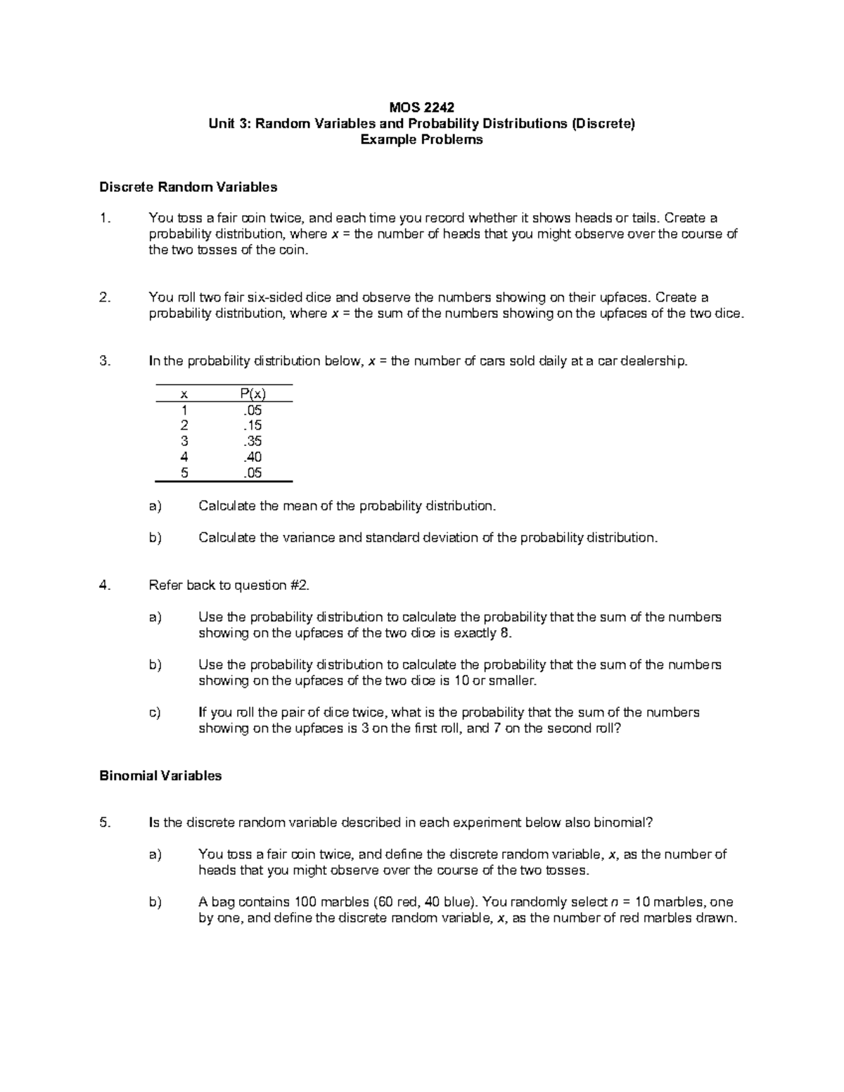 Unit 3: Random Variables and Probability Distributions (Discrete ...