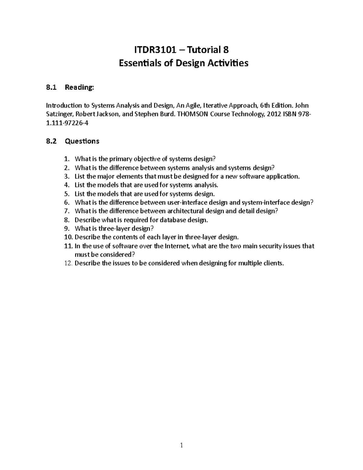 Tutorial 8 - Essentials of Design Activities - System analysis and ...