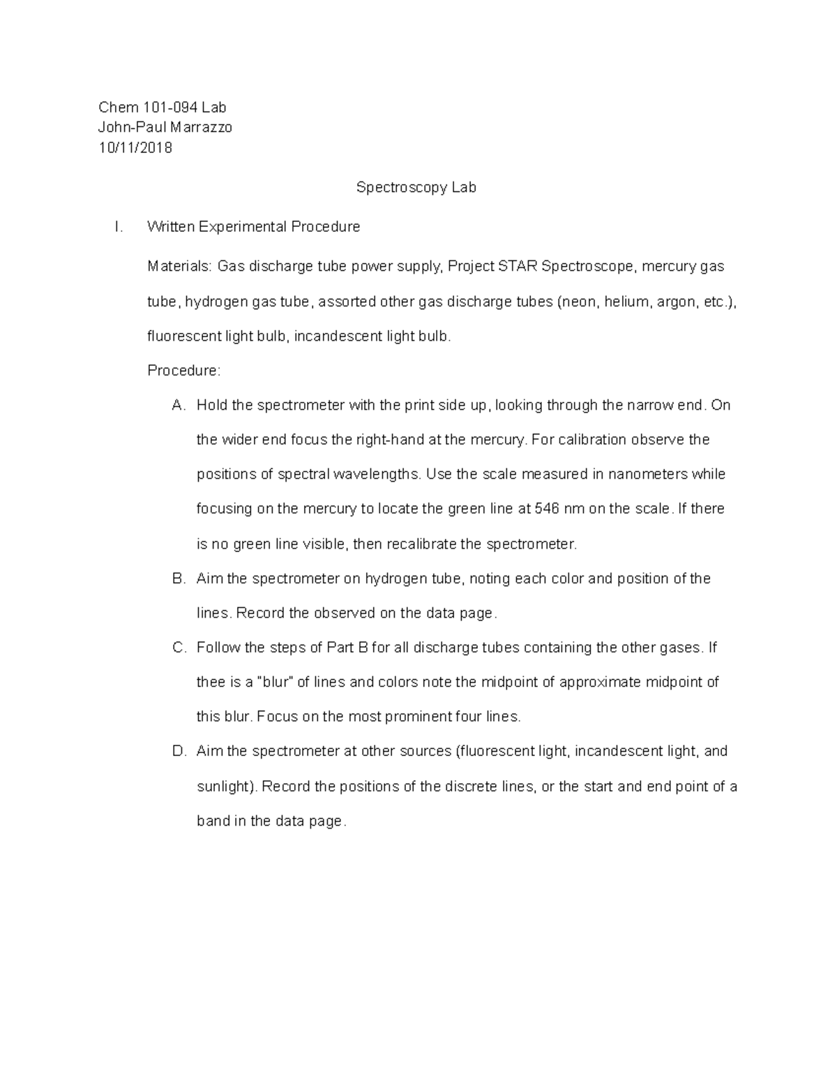 Lab One Spectroscopy Report Chem 101094 Lab JohnPaul Marrazzo 10/11