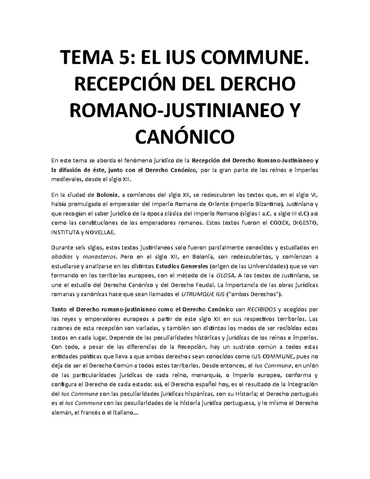 TEMA 5 IUS Commune Apuntes 5 TEMA 5 EL IUS COMMUNE. RECEPCIÓN DEL