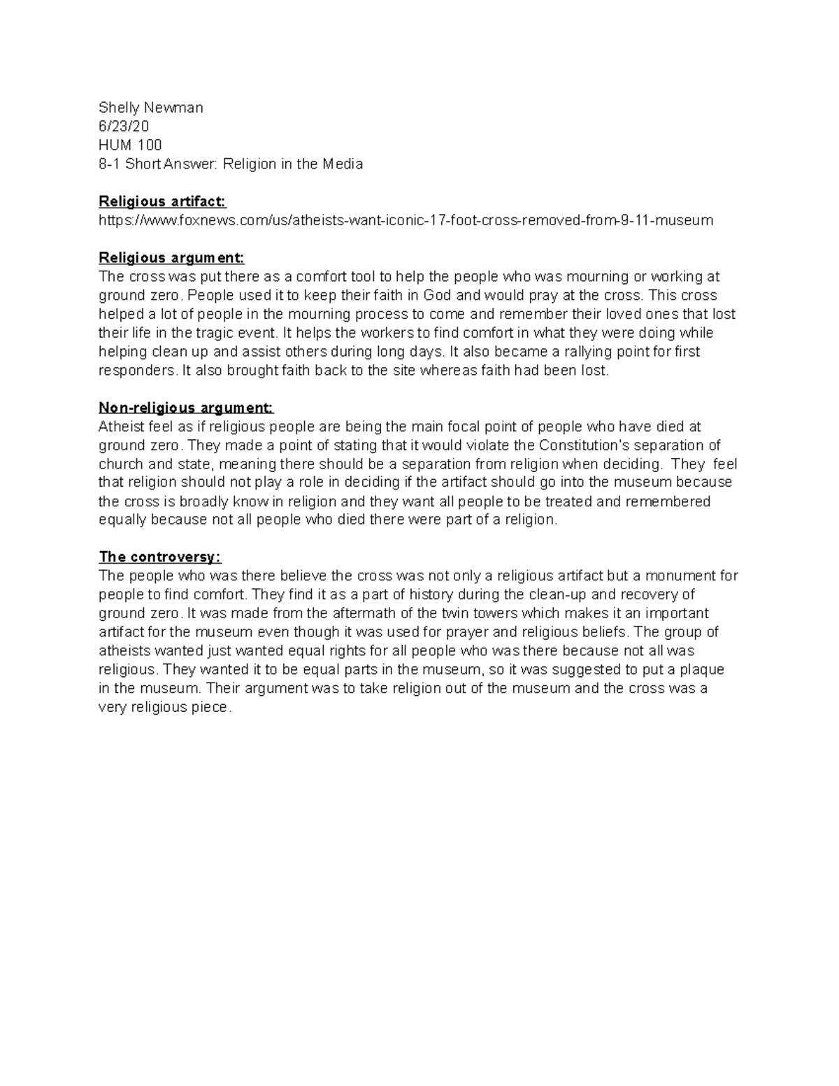 Hum100 M8 short answer 1 Shelly Newman 6/23/ HUM 100 81 Short Answer