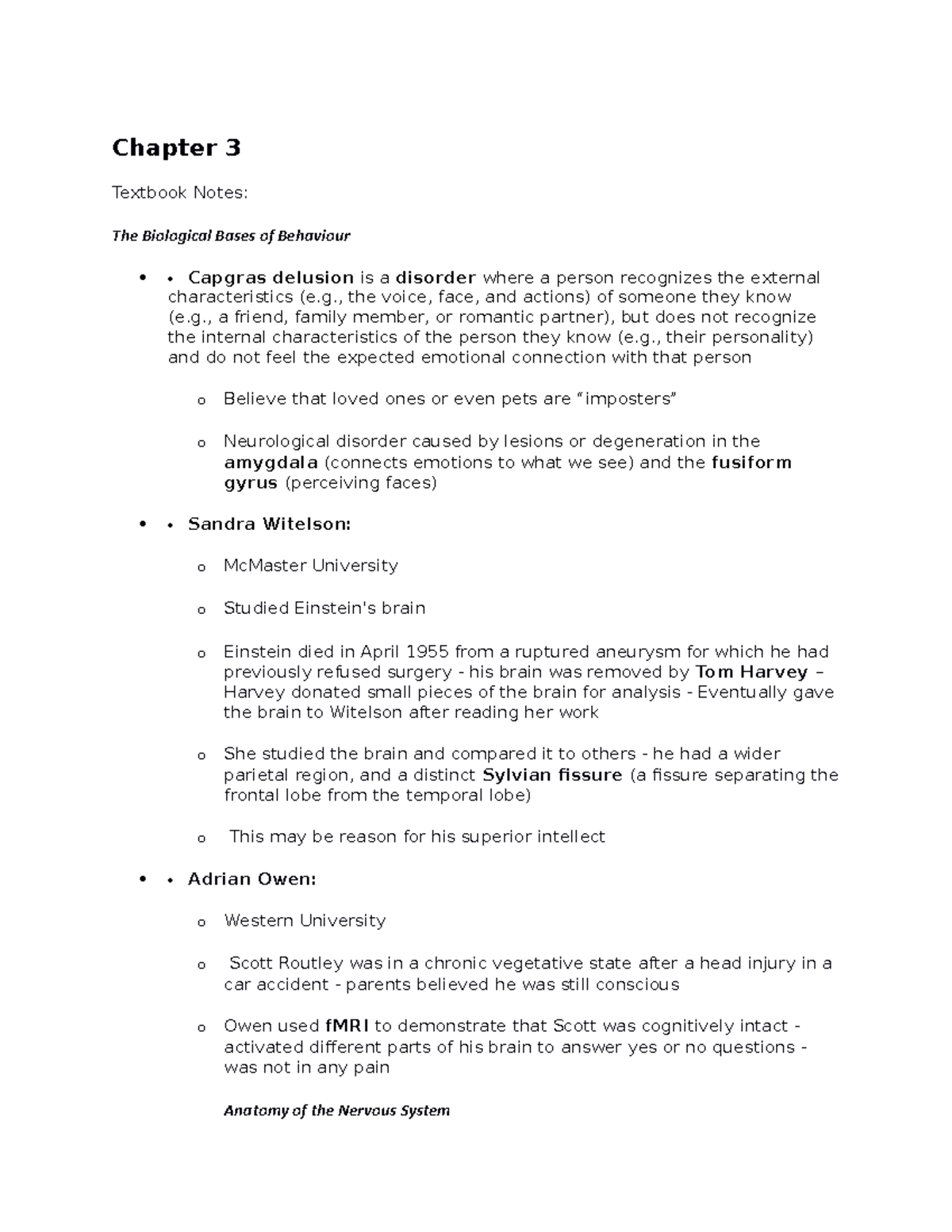 Psych 100 chapter 3 notes - Chapter 3 Textbook Notes: The Biological ...