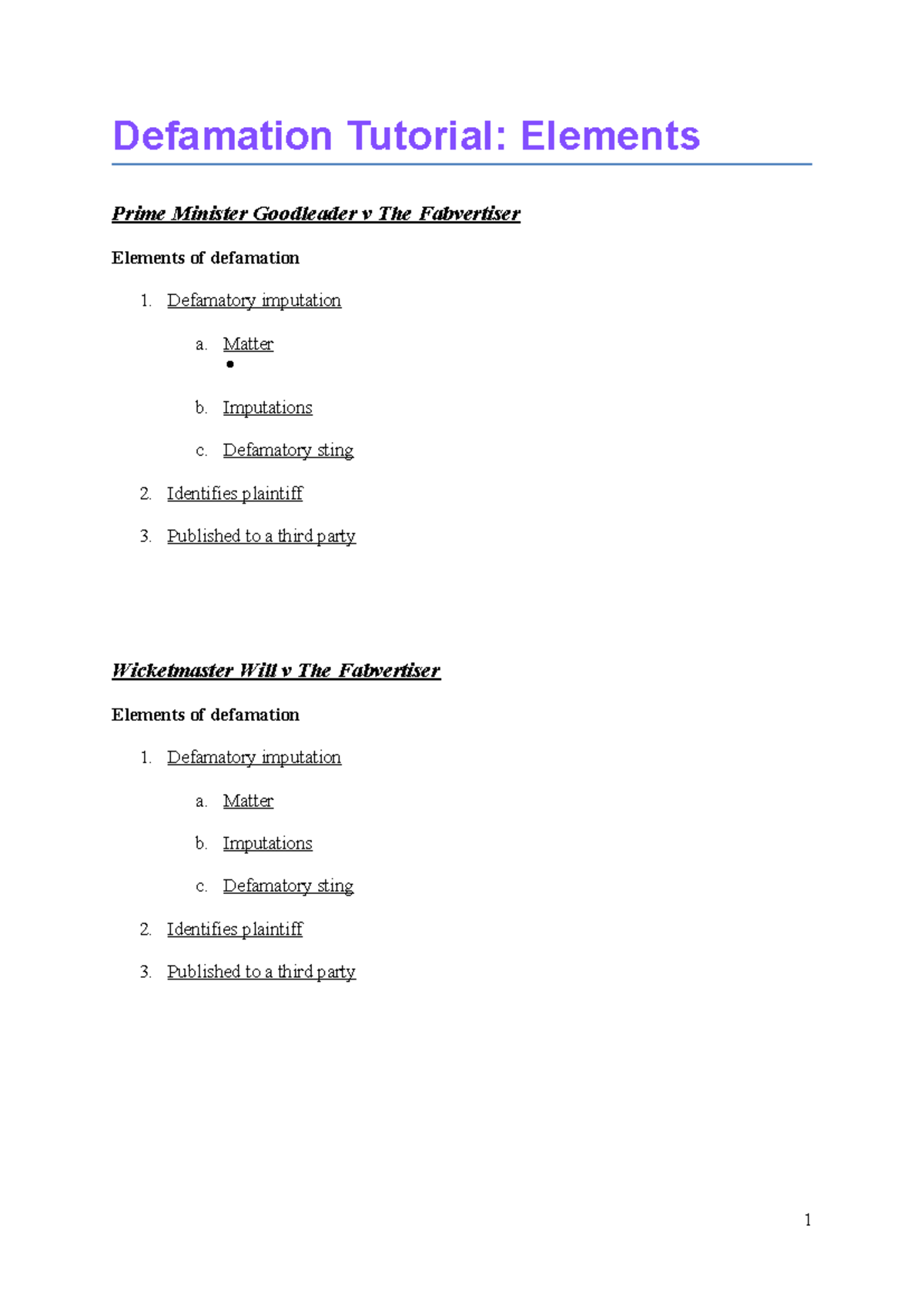 Defamation Tutorial - Week 3 - Defamation Tutorial: Elements Prime ...
