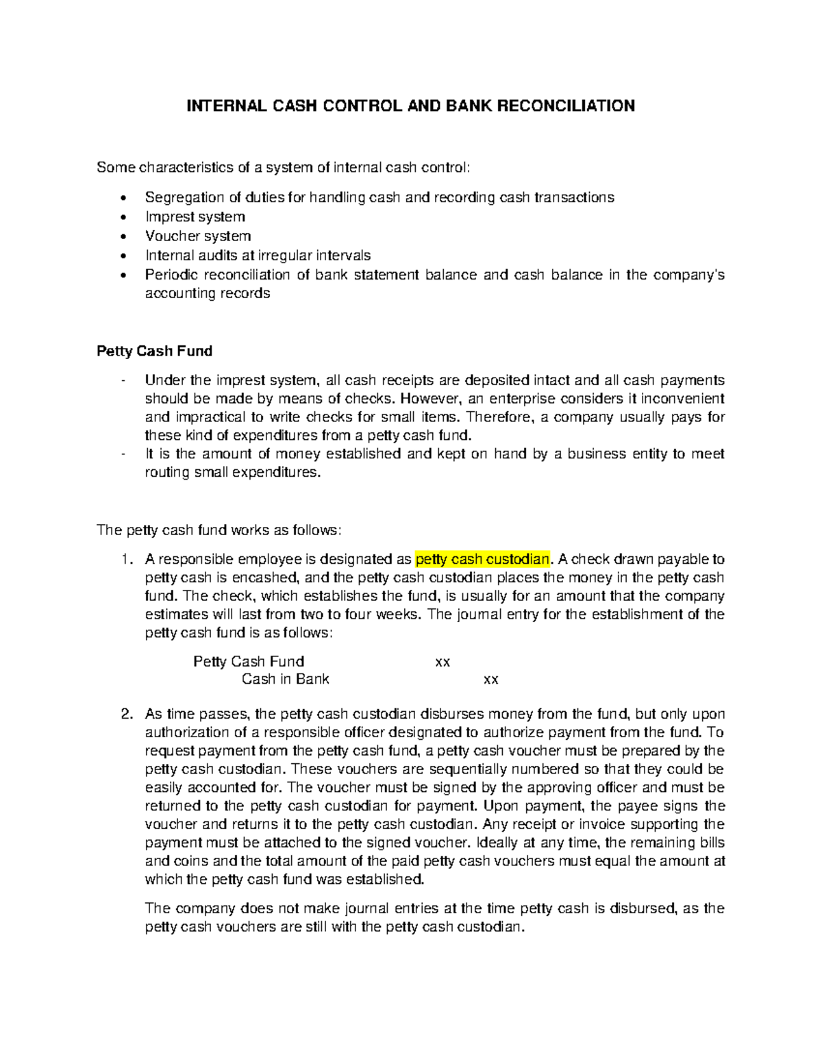 Written Report Internal Cash Control and Bank Reconciliation 1