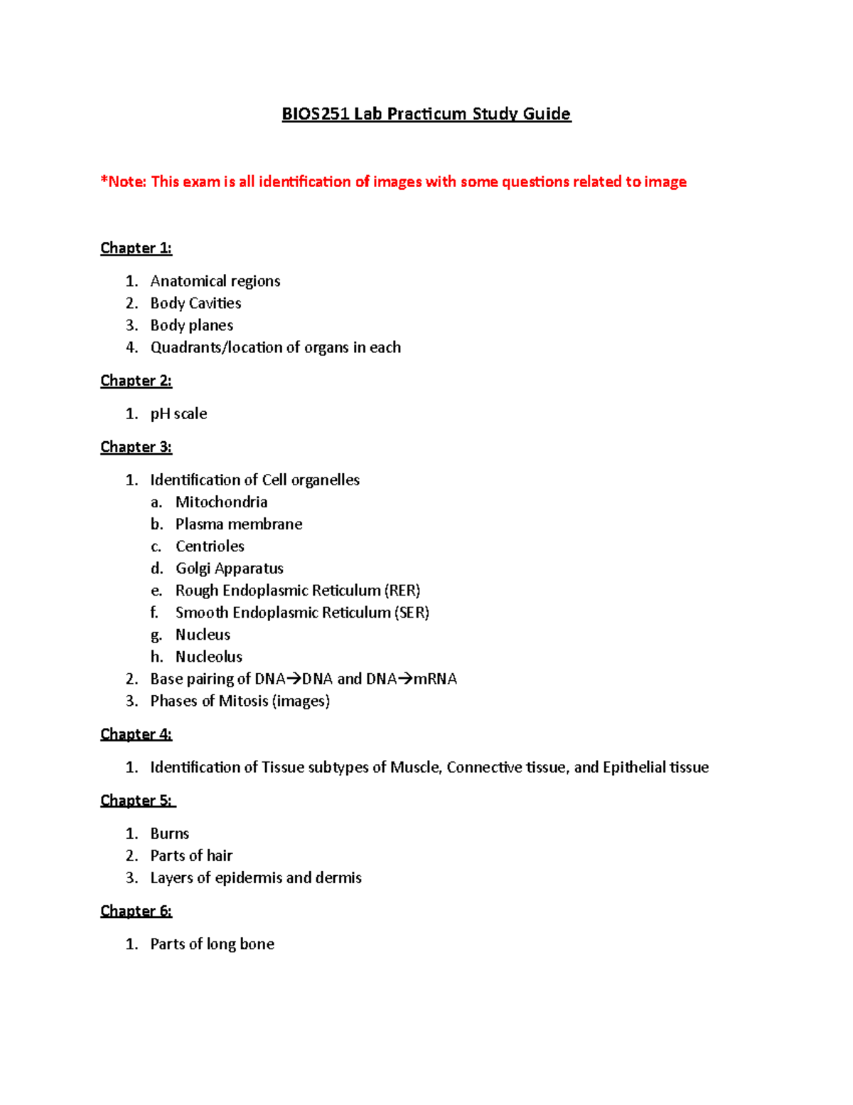 BIOS251 Lab Practicum Study Guide 2022 BIOS251 Lab Practicum Study Guide *Note This exam is