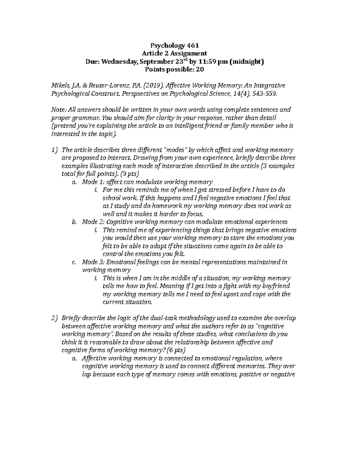 Article #2 In class worksheet - Psychology 461 Article 2 Assignment Due ...
