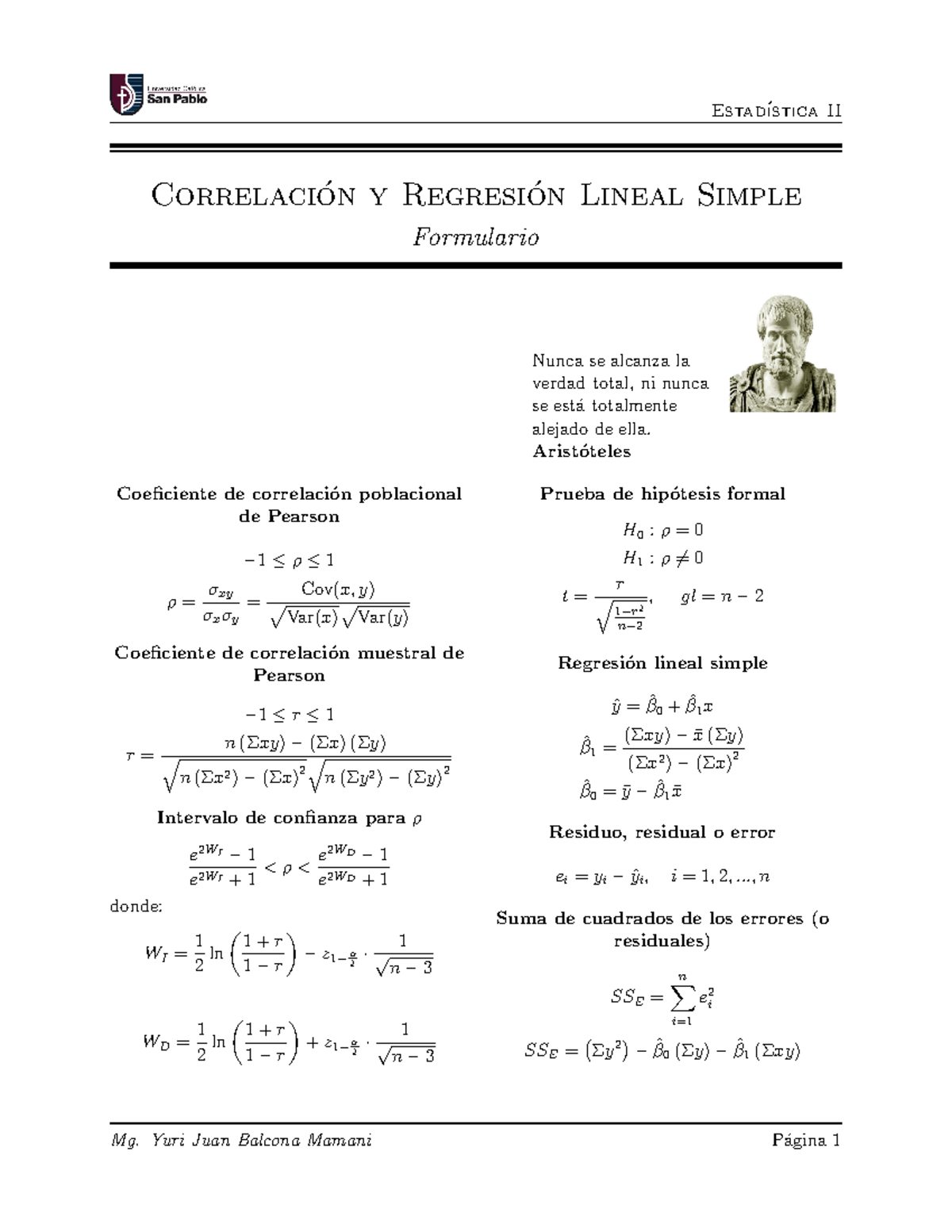 Forlulario DE Correlación Y Regresión Lineal Simple - Estad ́ıstica II ...