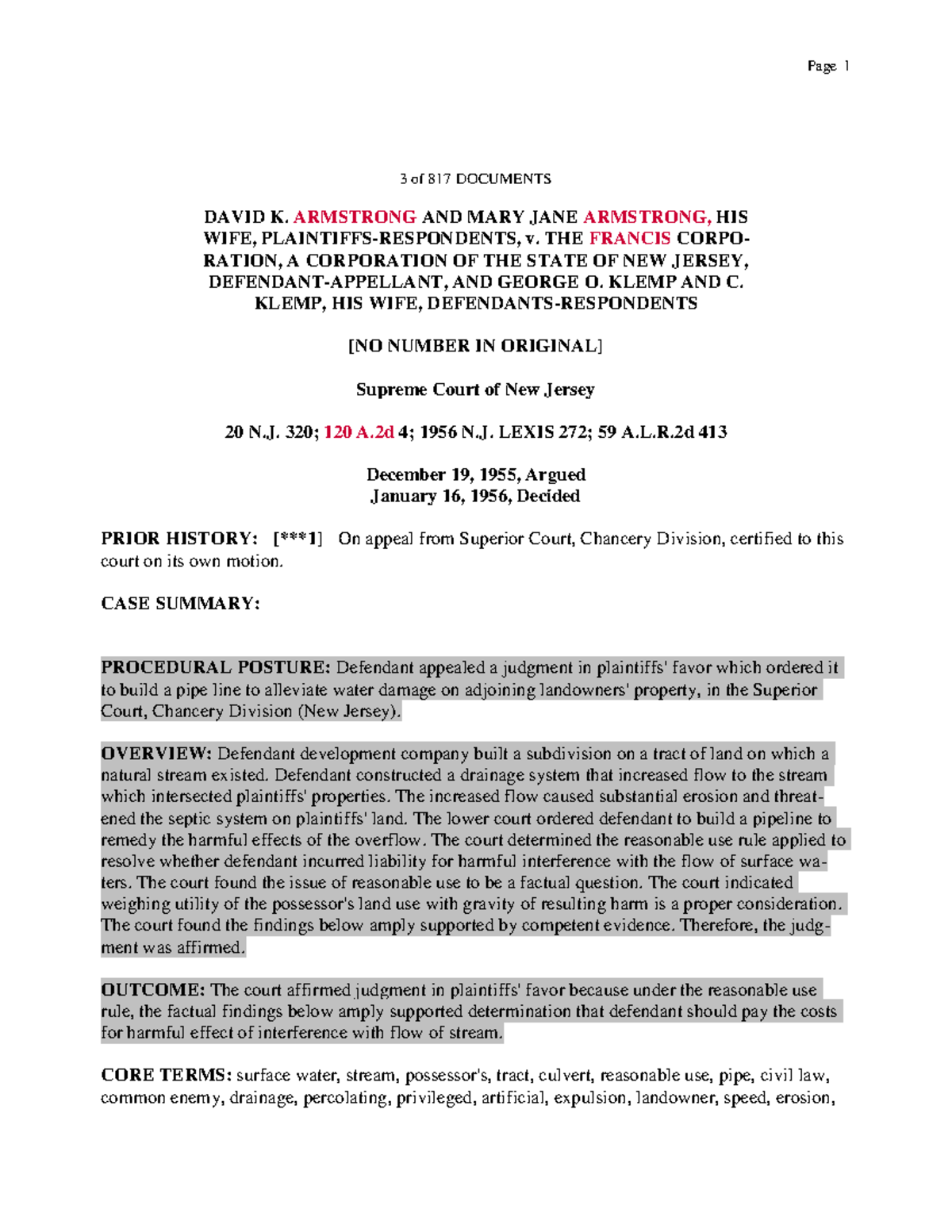 Armstrong 20 N.J. 320 2C 120 A.2d 4 2C 1956 N - 3 of 817 DOCUMENTS ...