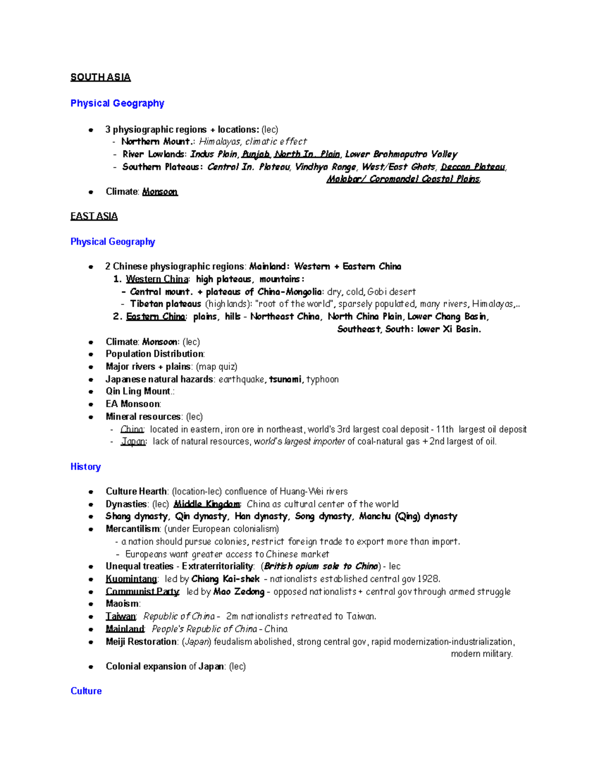 World Geo - Exam 4 Study Guide - SOUTH ASIA Physical Geography 3 ...