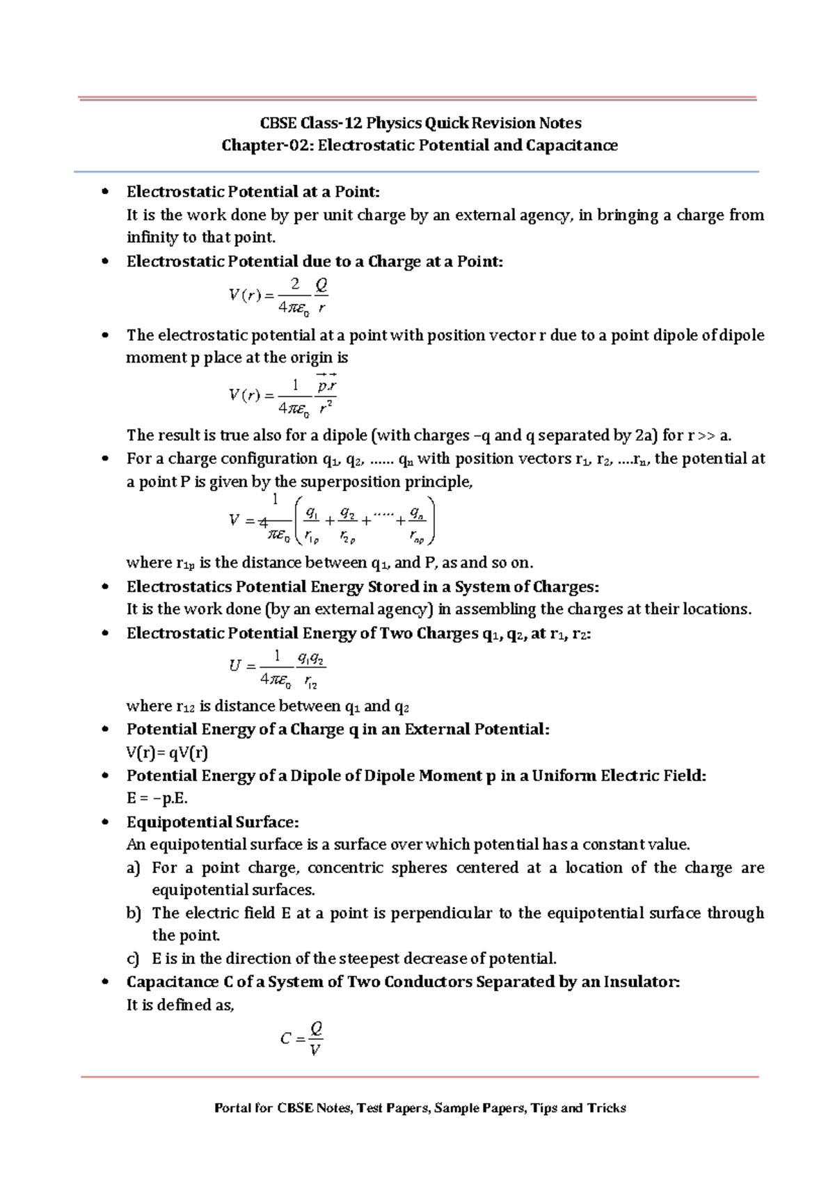 12 physics notes ch02 electrostatic potential and capacitance - Portal ...