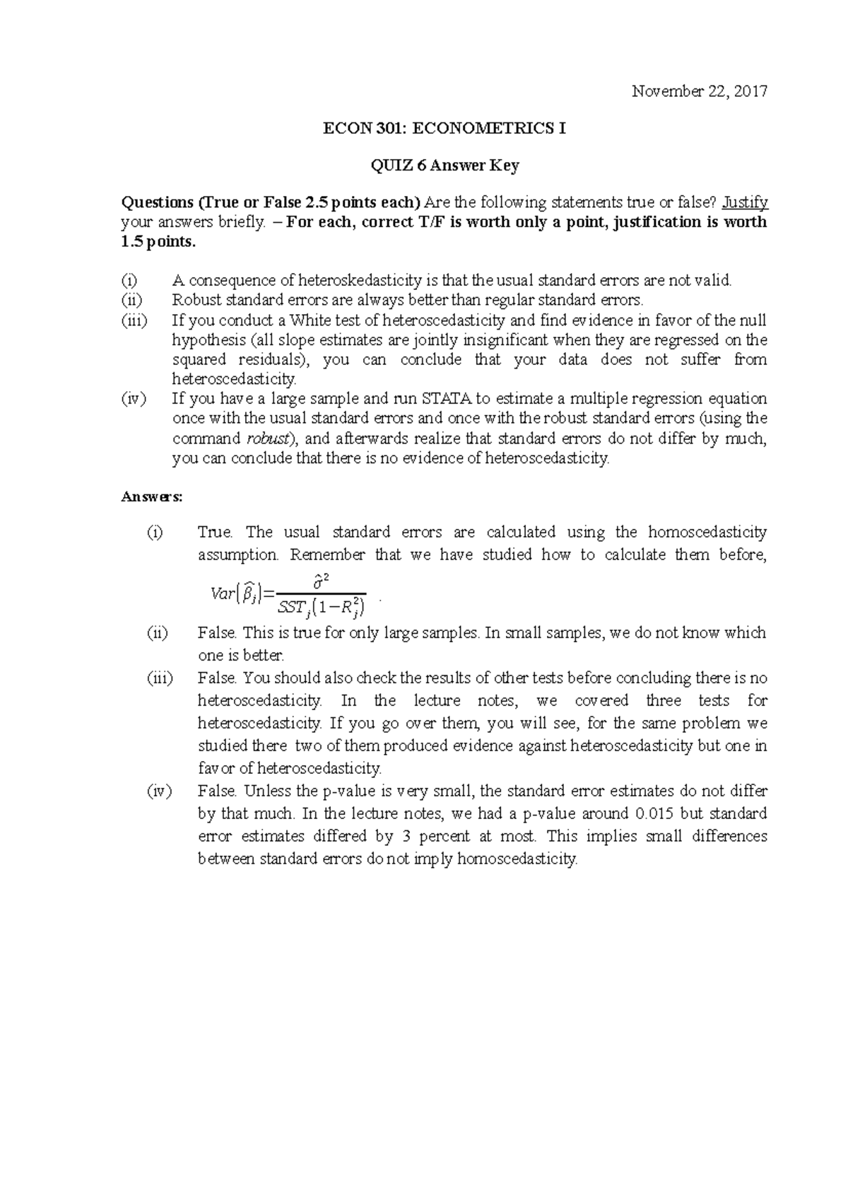 Quiz 6 3 February 2018 Questions And Answers November 22 2017 Econ 301 Econometrics I Quiz 4599