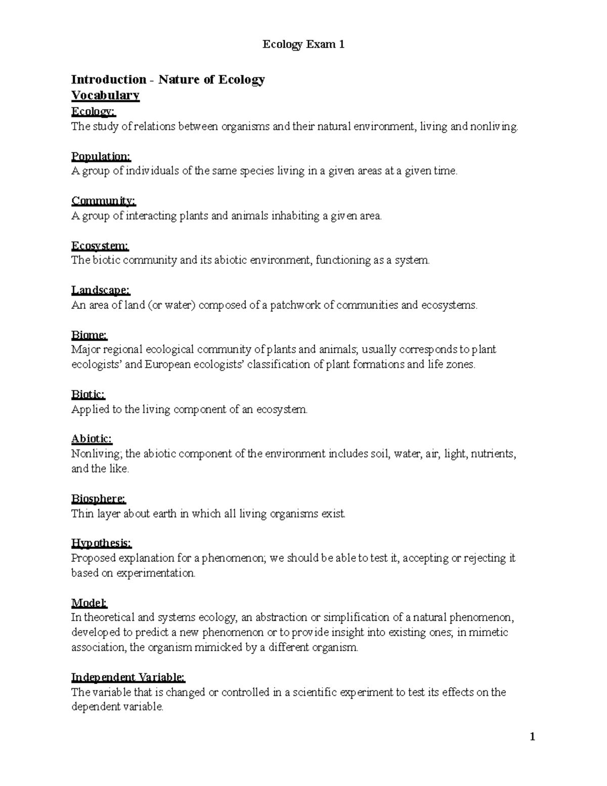 Ecology Study Guide Exam 1 - Ecology Exam 1 Introduction - Nature Of ...