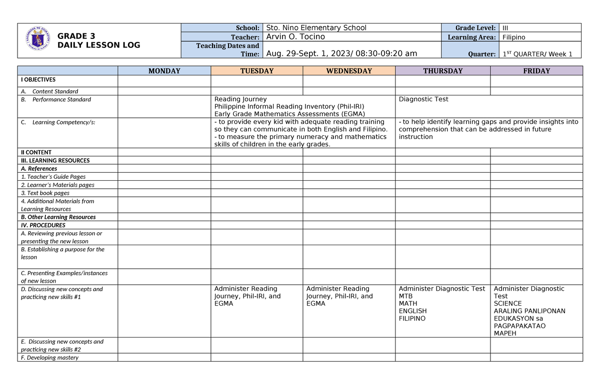 DLL Filipino 3 Q1 W1 - GRADE 3 DAILY LESSON LOG School: Sto. Nino ...