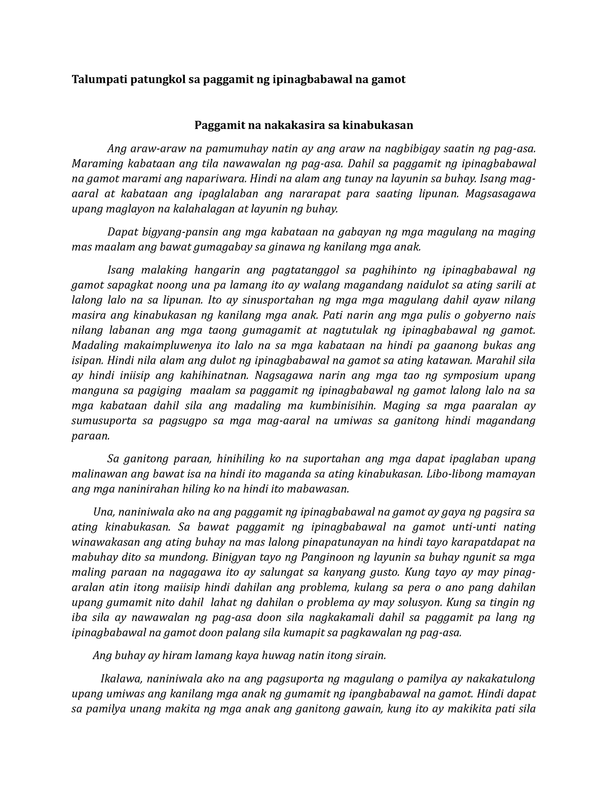 Talumpati Patungkol Sa Paggamit Ng Ipinagbabawal Na Gamot Maraming Kabataan Ang Tila Nawawalan 6457