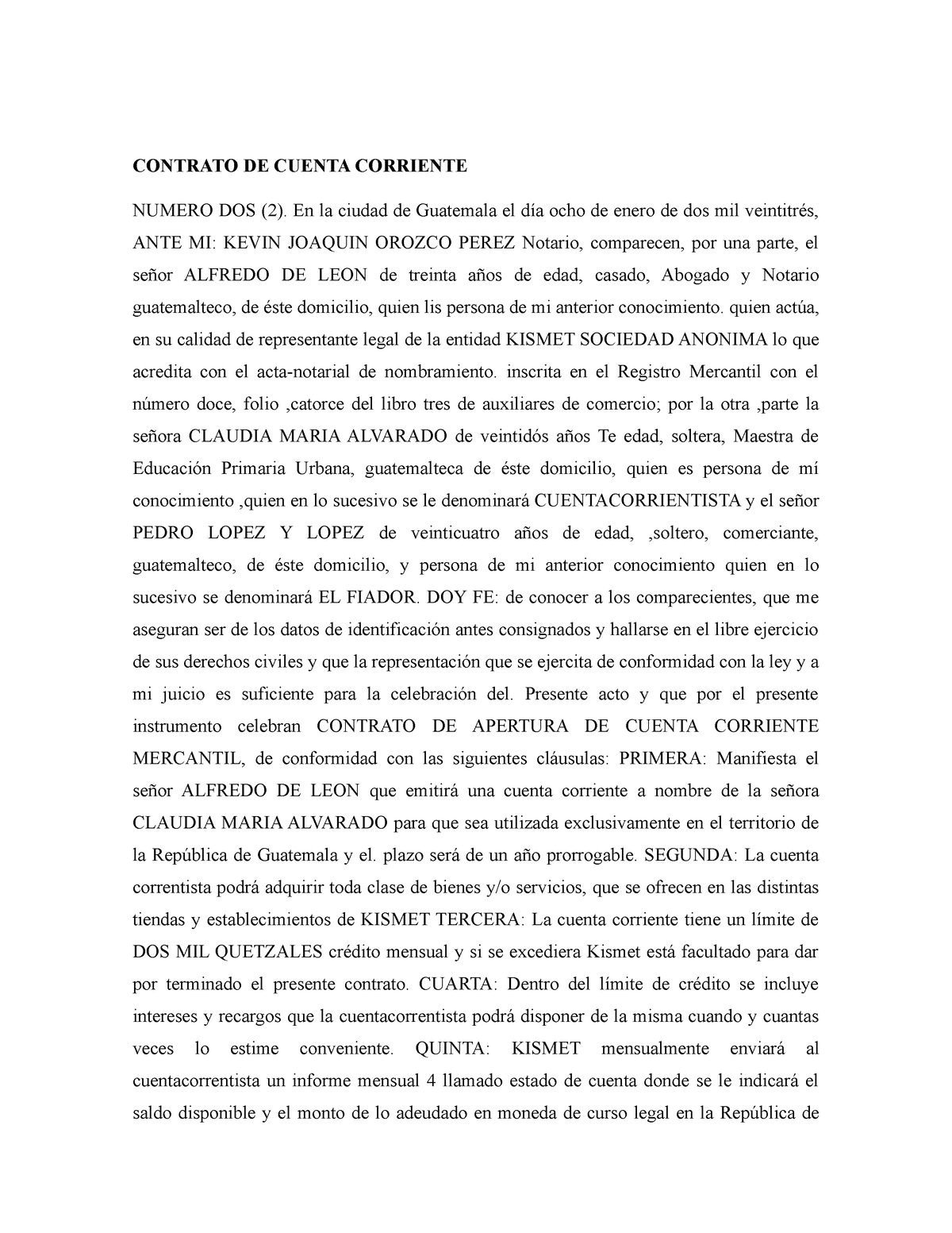 Contratos Mercantiles Contrato De Cuenta Corriente Numero Dos 2 En