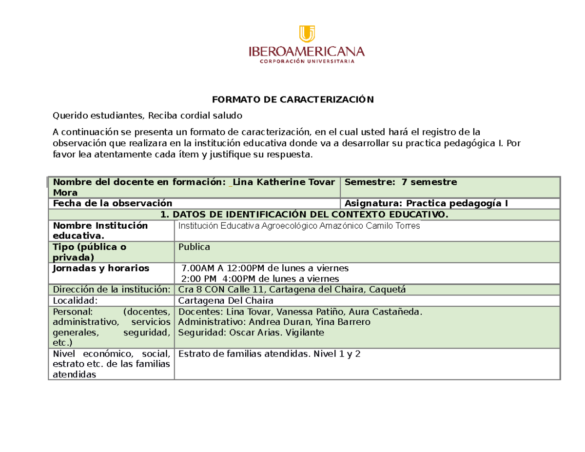 Formato DE Caracterizacion DEL Contexto Institucional - FORMATO DE ...