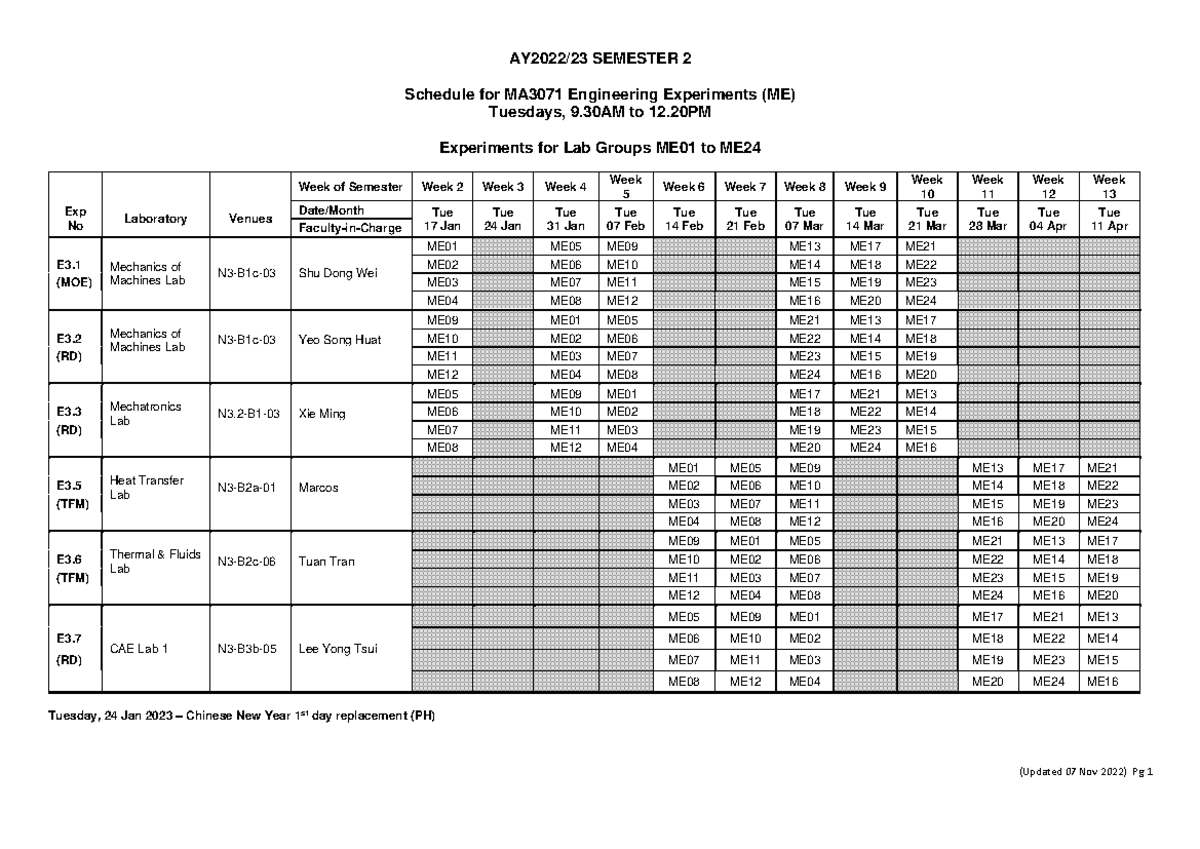 Lab schedule - Schedule for MA3071 Engineering Experiments (ME ...