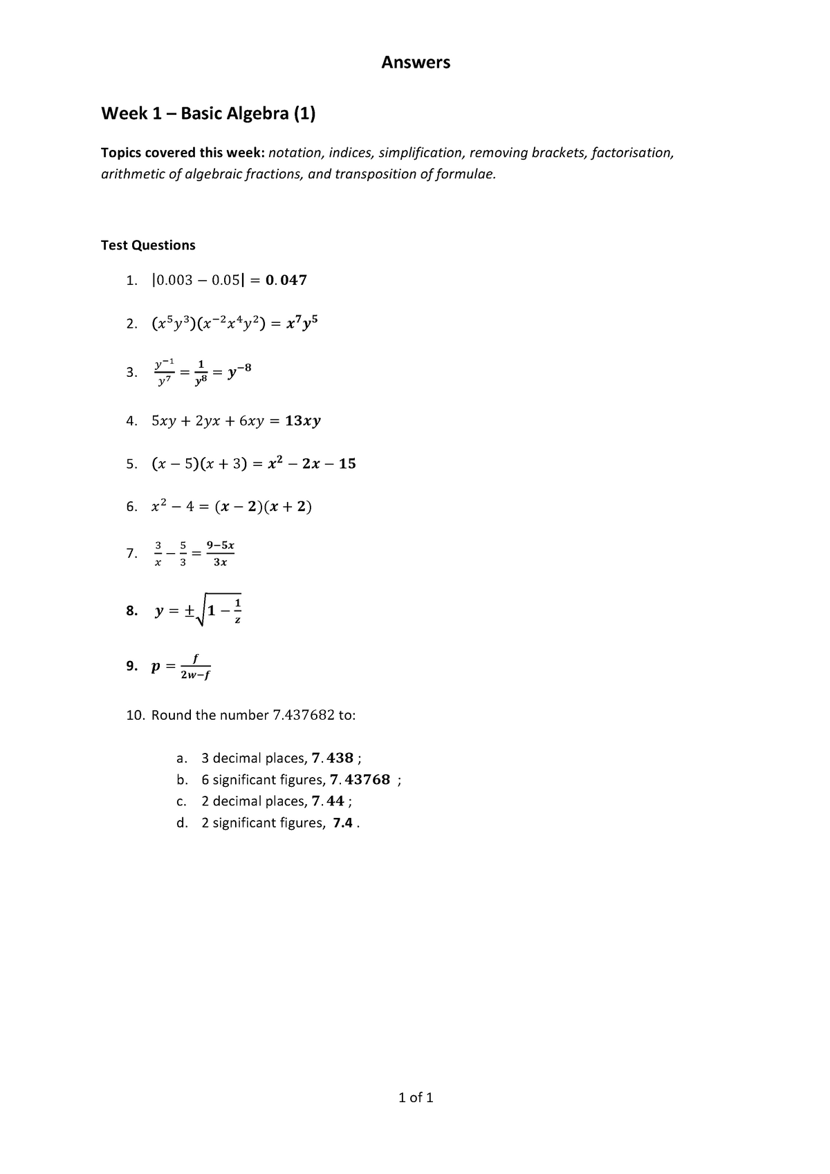 Tutorial with Answers - Answers Week 1 – Basic Algebra (1) Topics ...