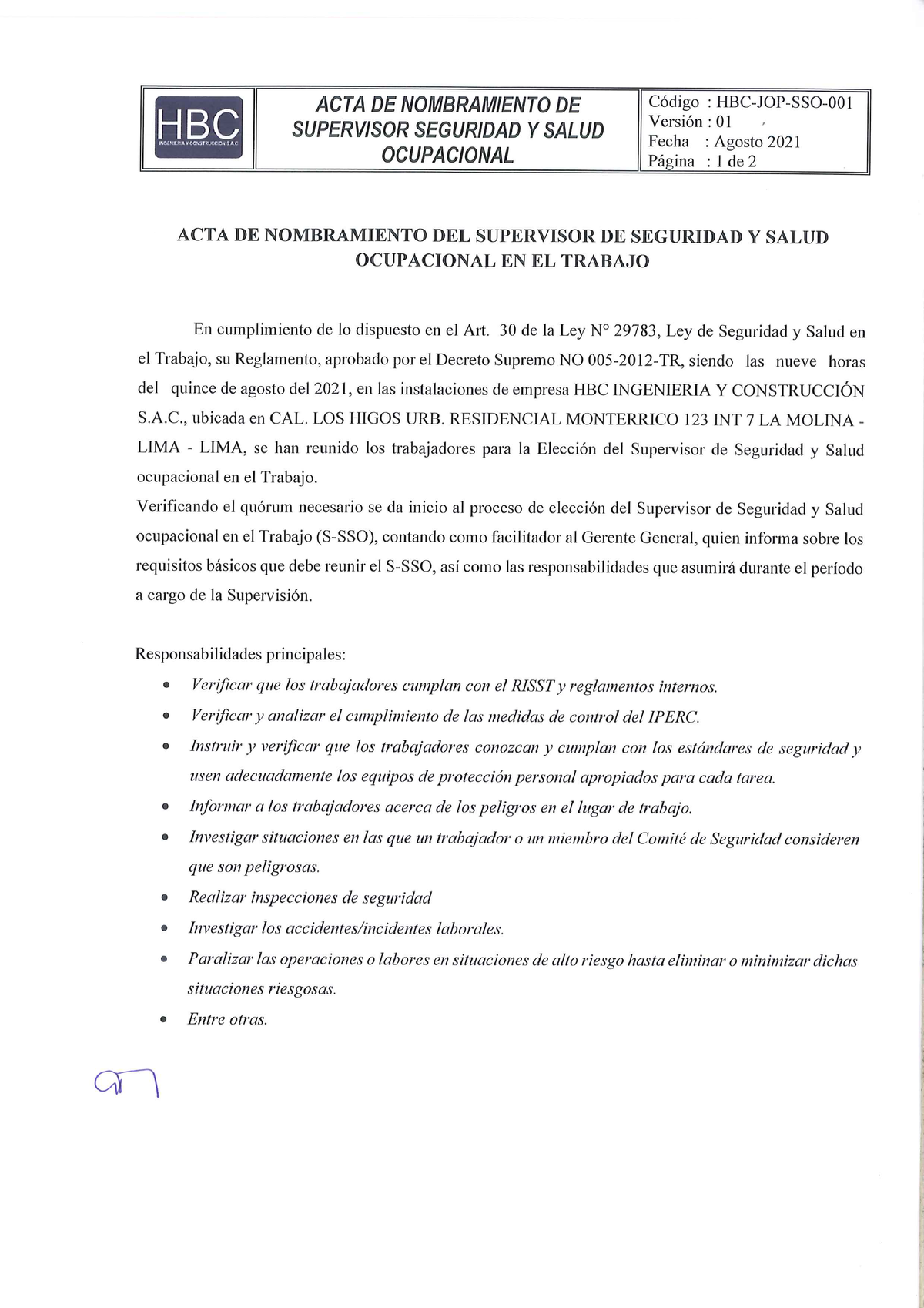 Modelo De Acta De Nombramiento De Supervisor Seguridad Y Salud