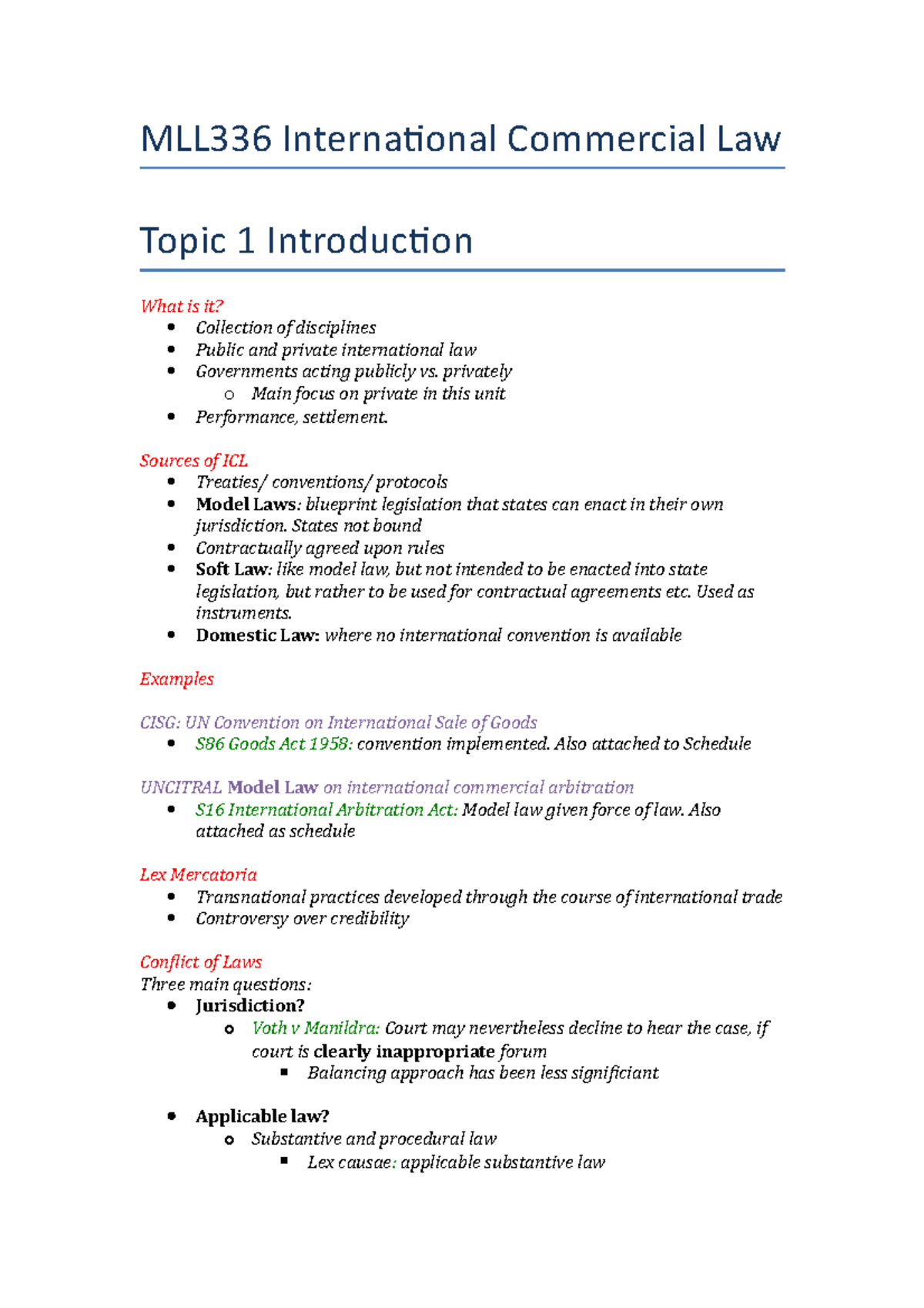 Lecture notes - Complete - MLL336 International Commercial Law Topic 1 ...